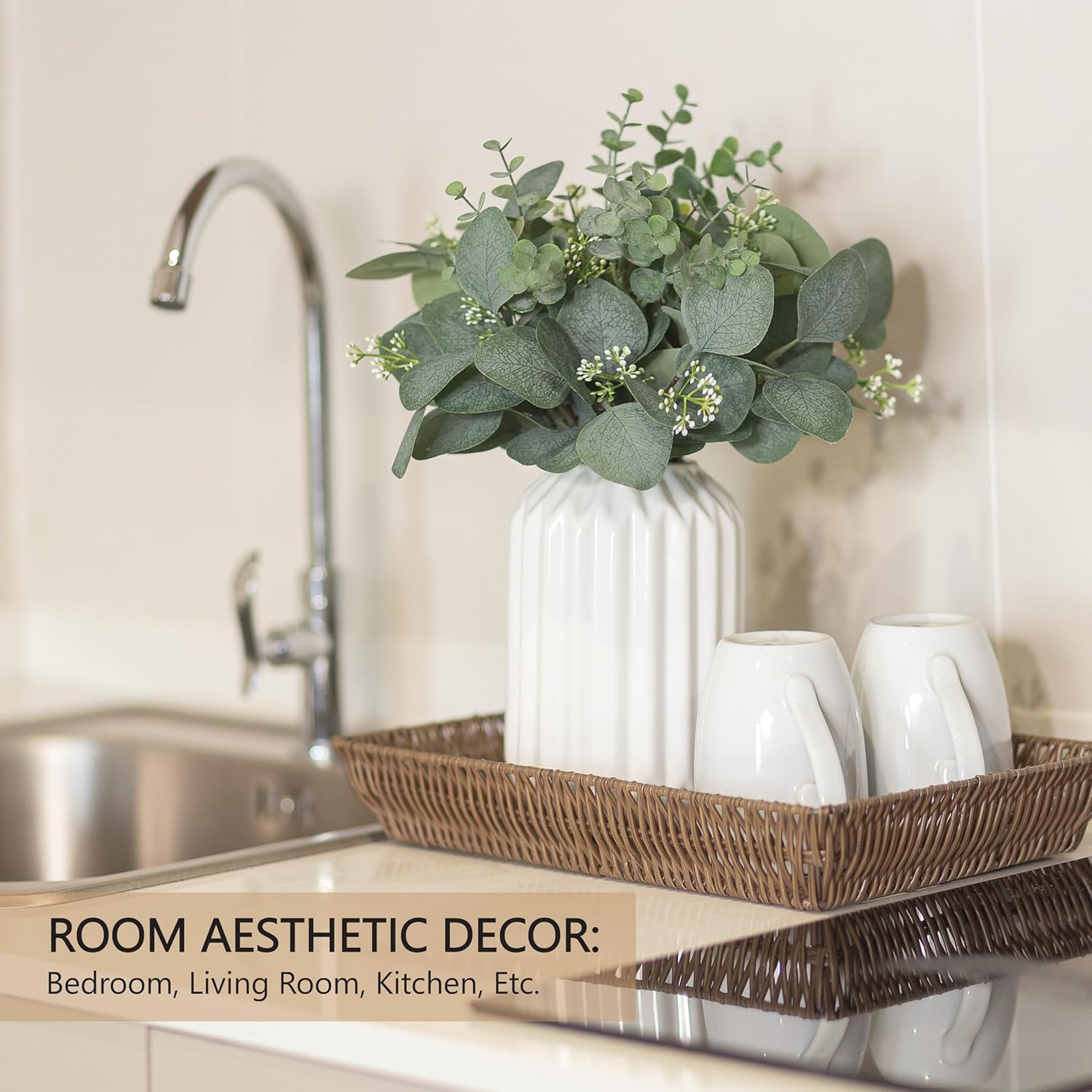 Realistic Fake Eucalyptus Plant with White Ceramic Vase