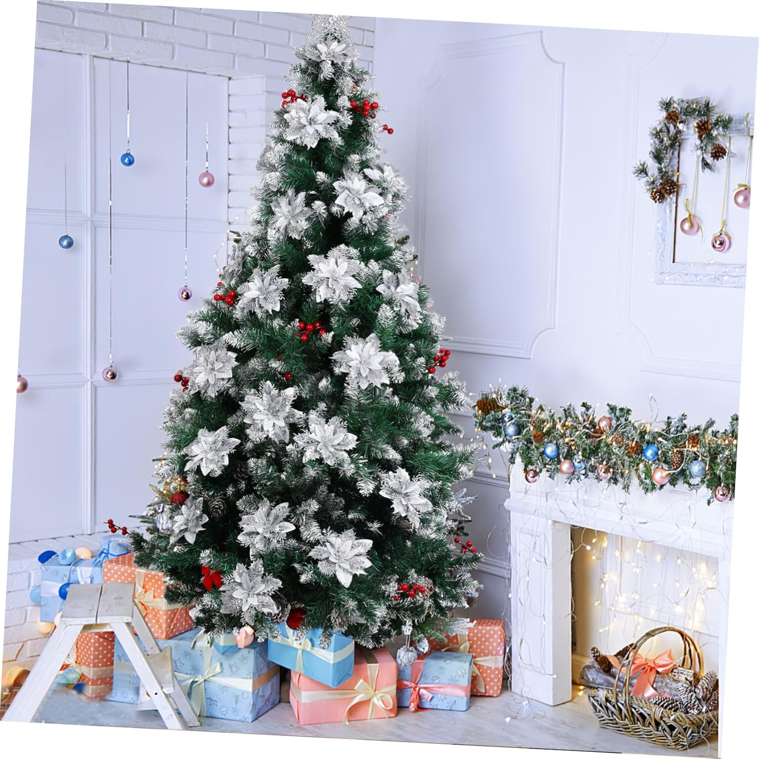 Christmas Glitter Poinsettia Artificial Flowers with Clips and Stems