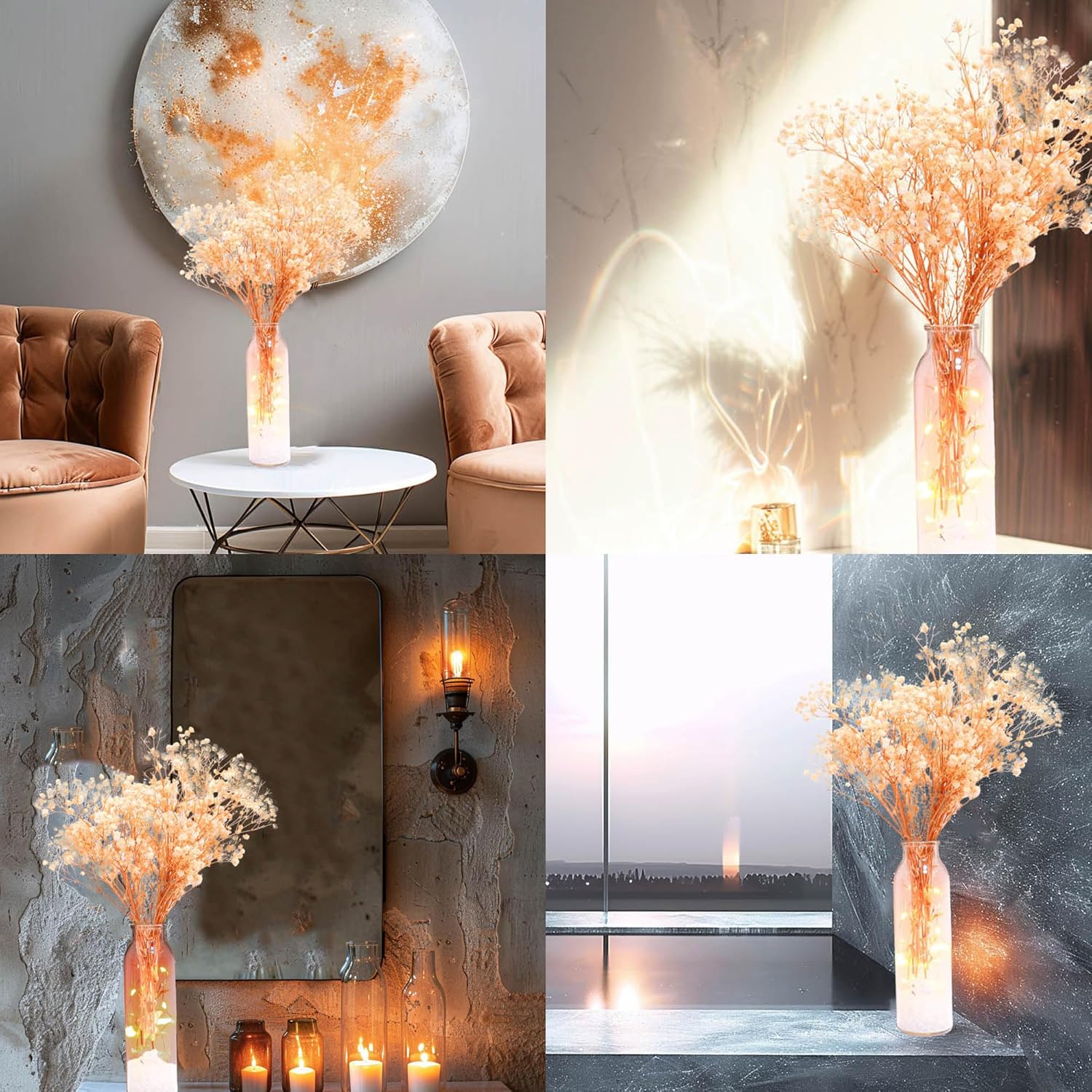 Dried Flowers Babys Breath Bouquet Glass Vase with Artificial Crystals