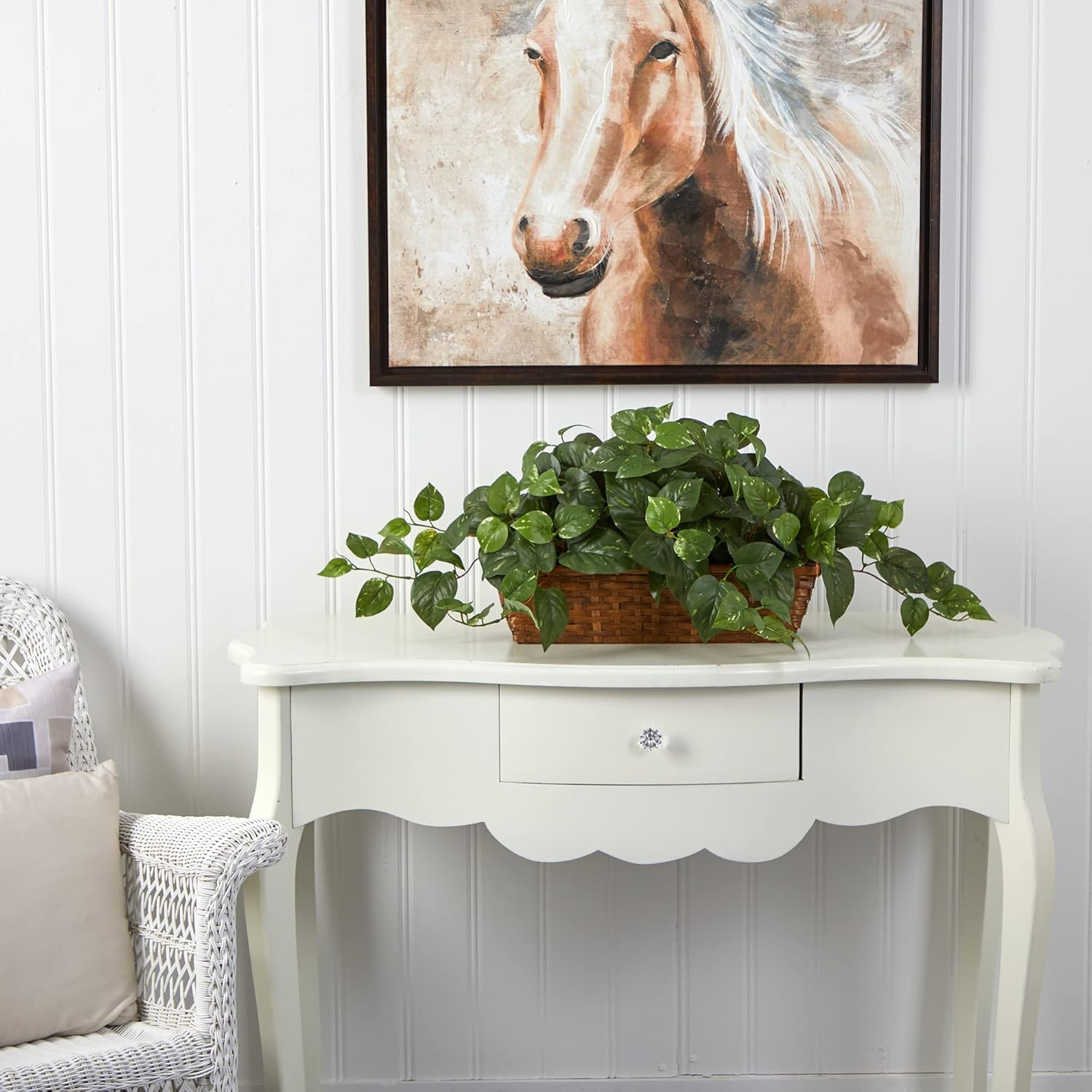 Nearly Natural Pothos Plant with Ledge Basket Green