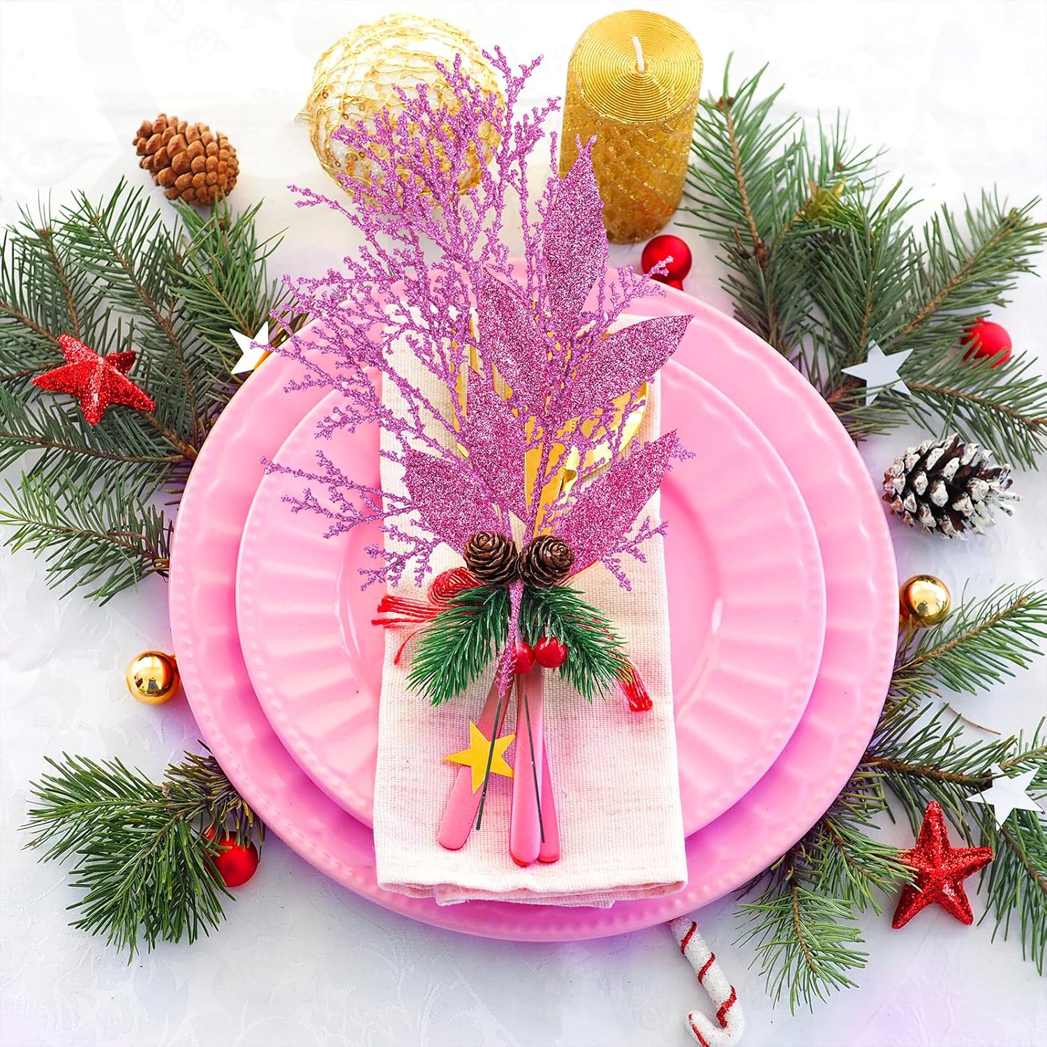 Winlyn 30 Pcs Pink Glitter Christmas Decor Artificial Leaf Sprays