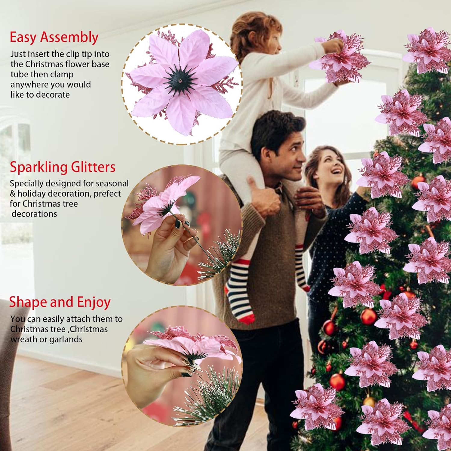 GREENTIME 12 Pcs Pink Glitter Poinsettia Artificial Christmas Flowers with Clips