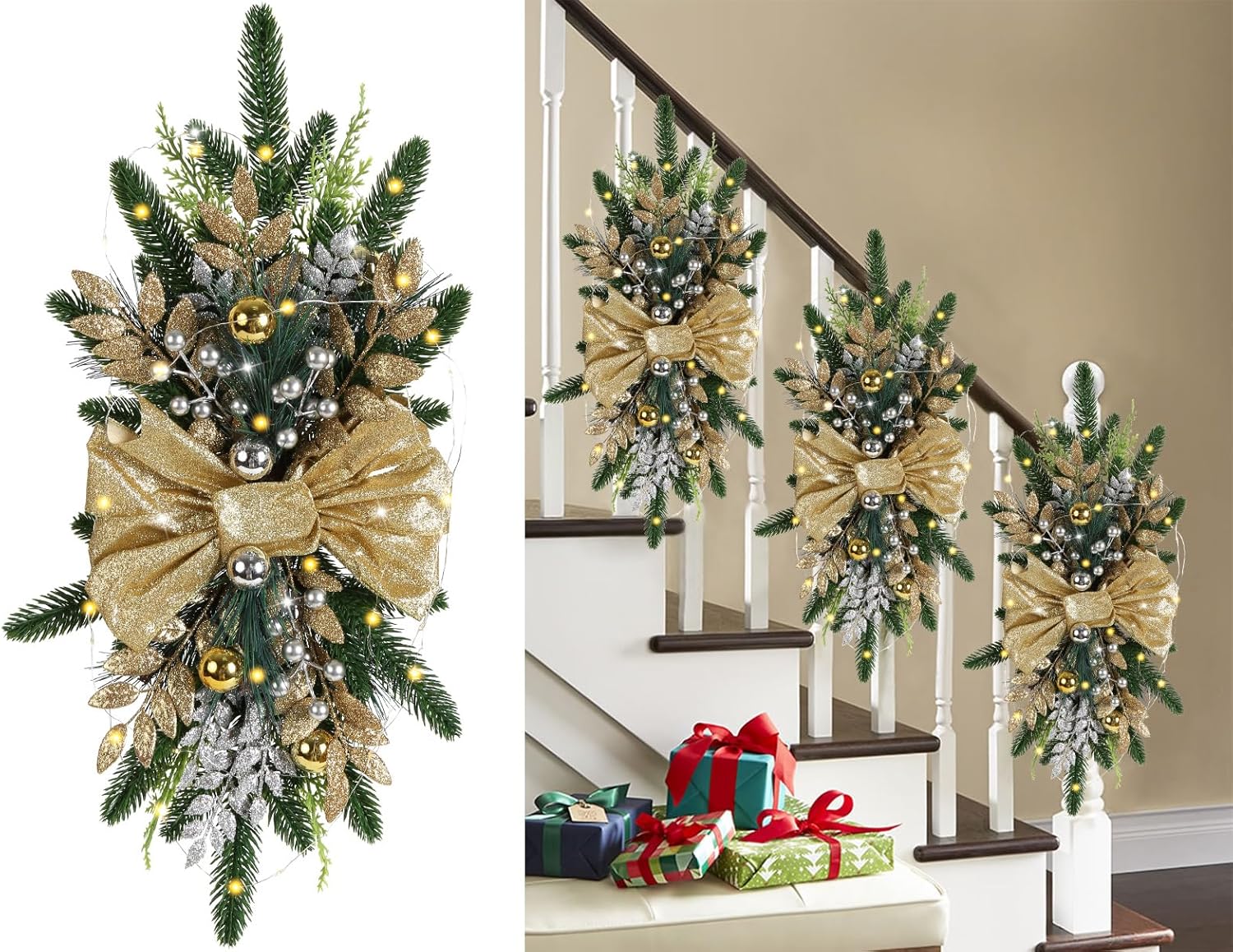 IPOPU Light Up Christmas Swag Wreath Gold