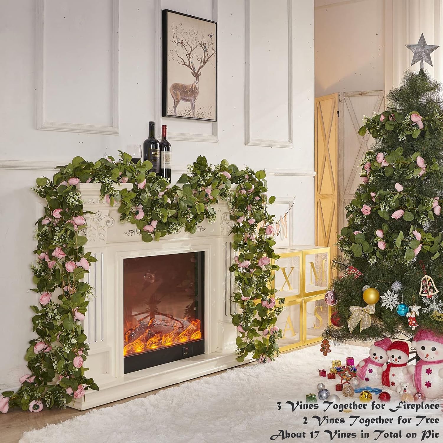 PONKING Artificial Rose Vine Flower Garland with Green Leaves