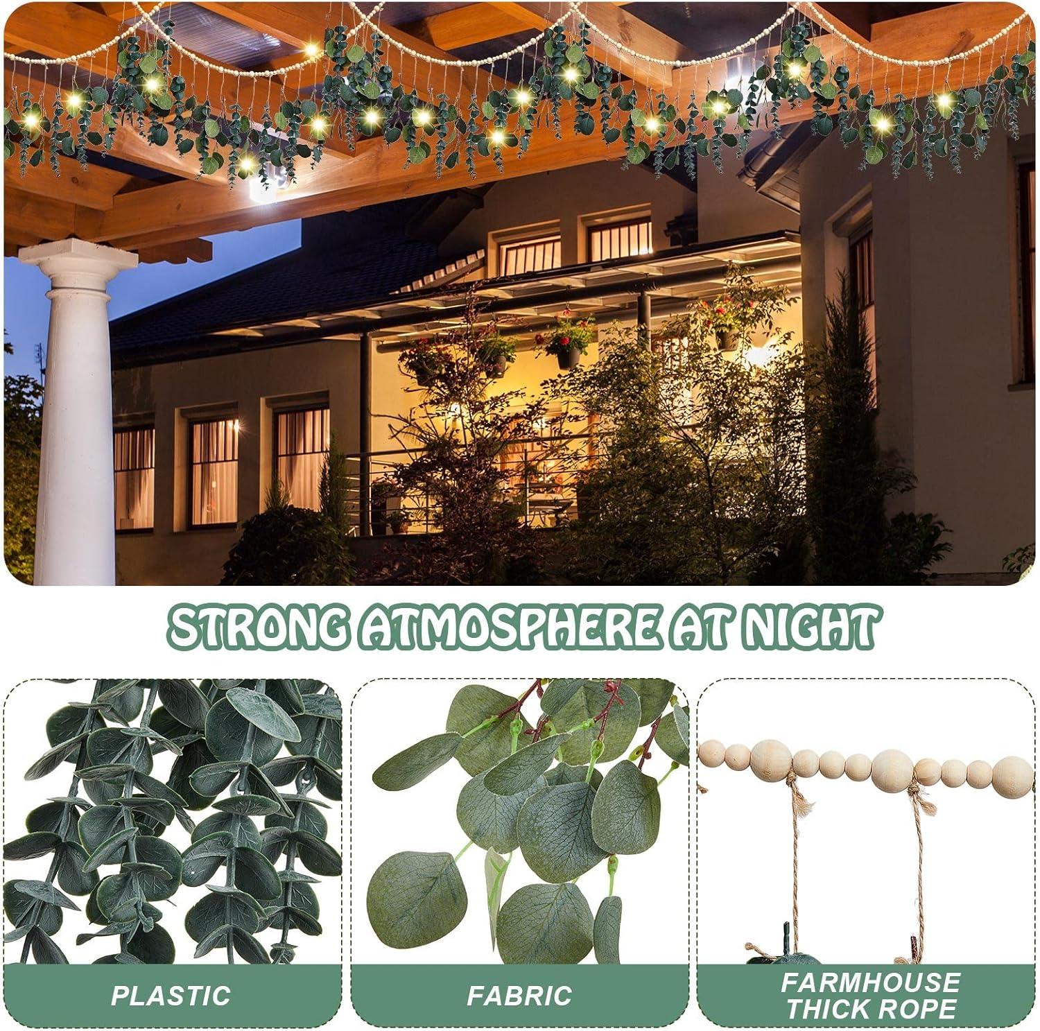 Eucalyptus Wall Decor with LED Lights and Wooden Beads