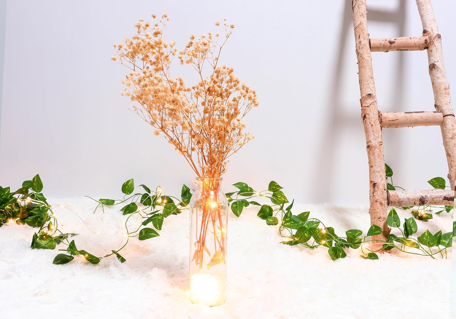 Dried Flowers Babys Breath Bouquet Glass Vase with Artificial Crystals