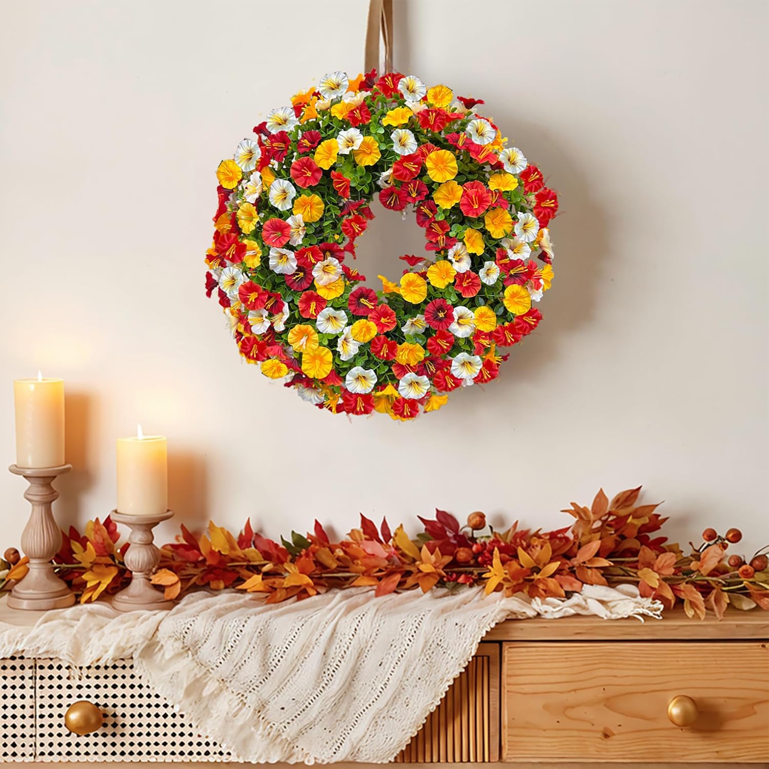 Florielle 20 Inch Fall Wreath with Petunias and Morning Glories