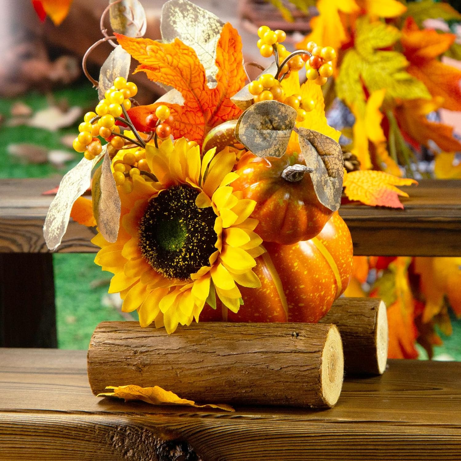 BigOtters 7 Inch Artificial Pumpkin with Sunflower and Maple Leaves