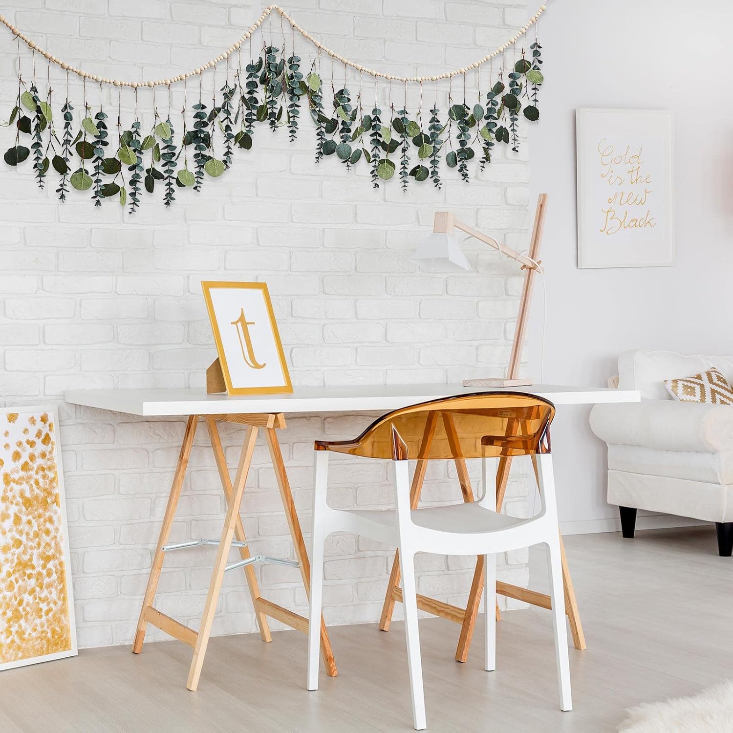 Eucalyptus Wall Decor with LED Lights and Wooden Beads