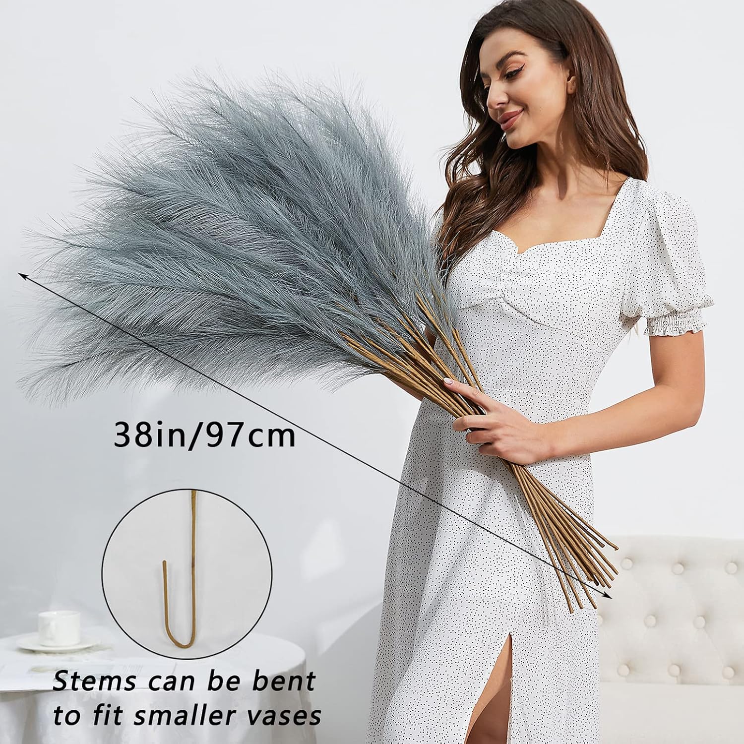 FOTEEWL 8 Pc Faux Pampas Grass Decor Grey