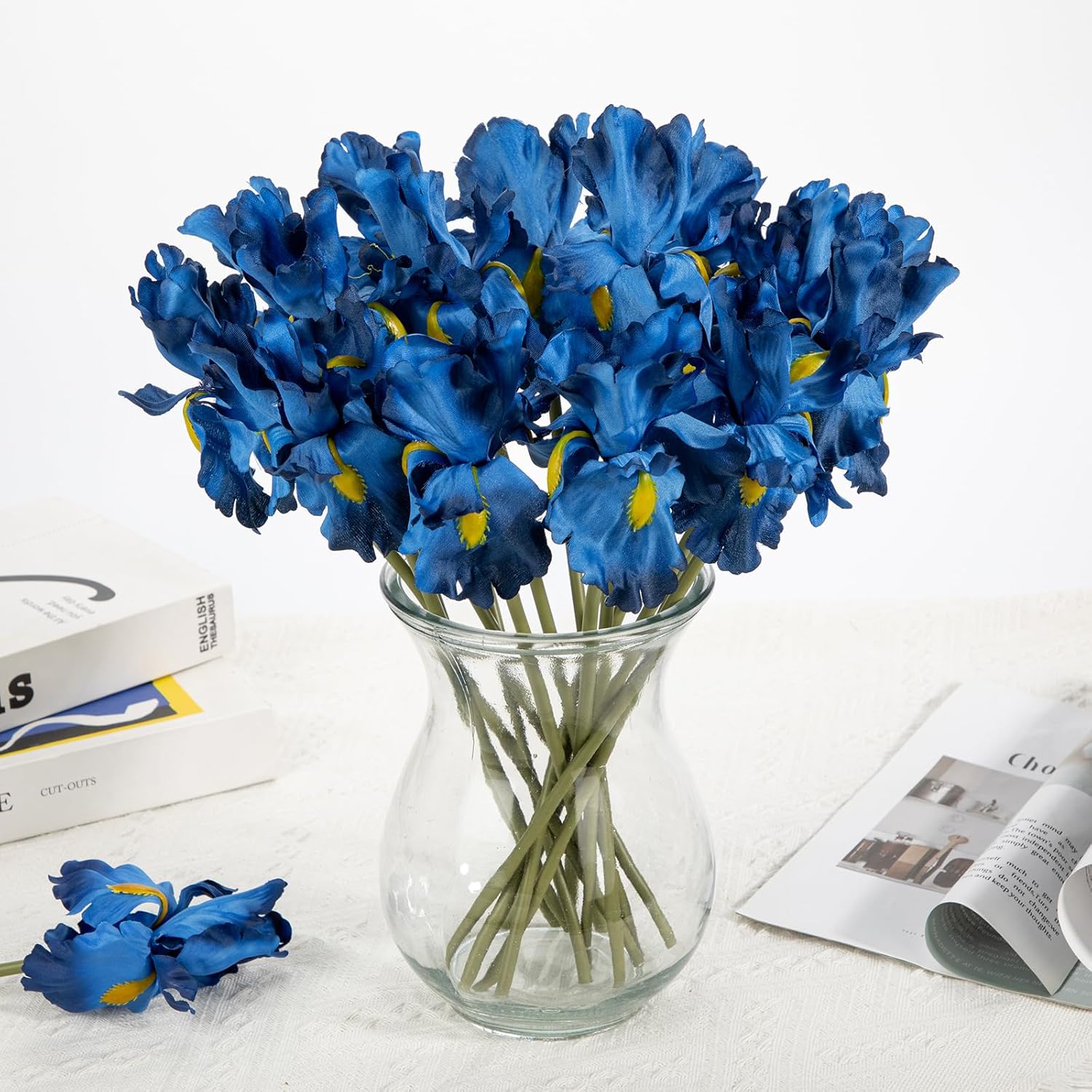 Hollyone Iris Artificial Flowers 15Pcs Blue 142 Inch Real Touch Bouquet