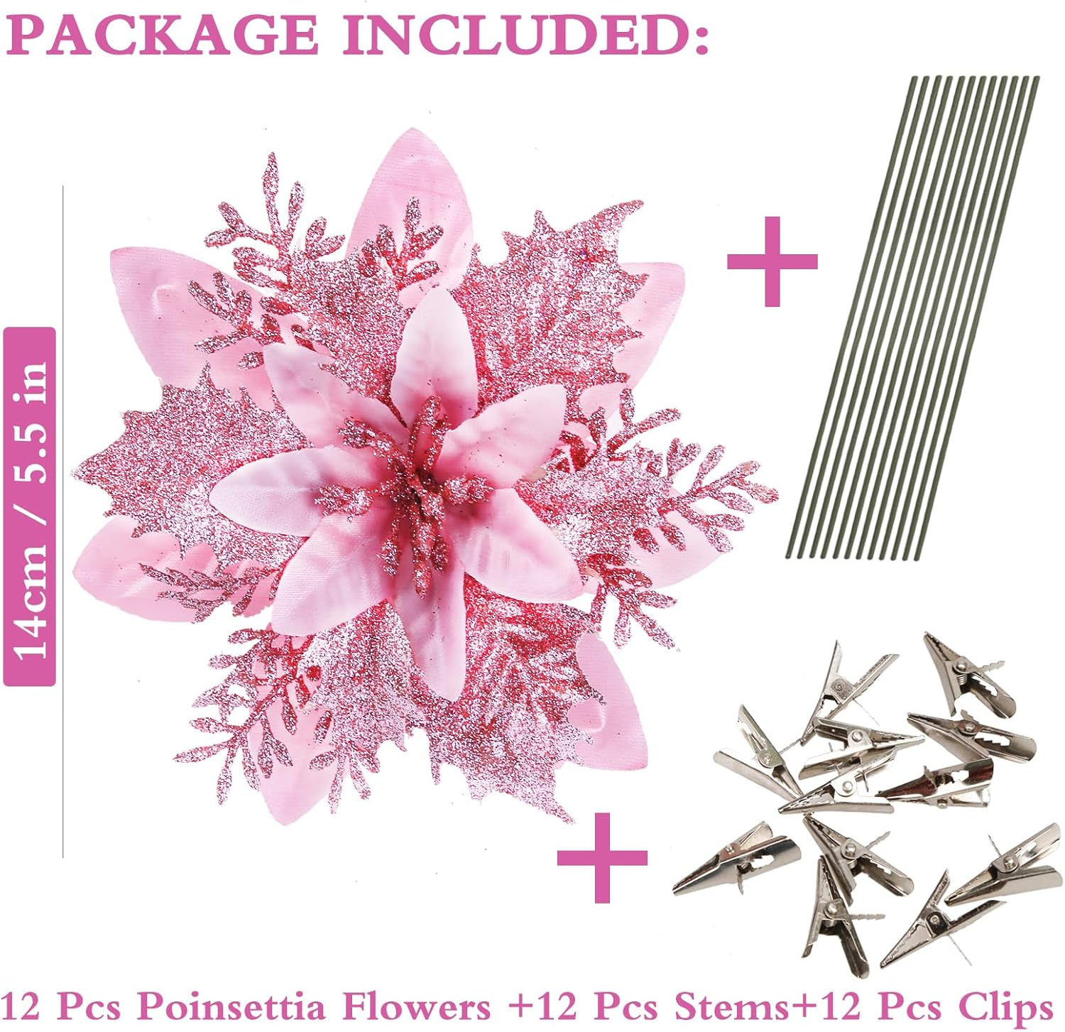 GREENTIME 12 Pcs Pink Glitter Poinsettia Artificial Christmas Flowers with Clips