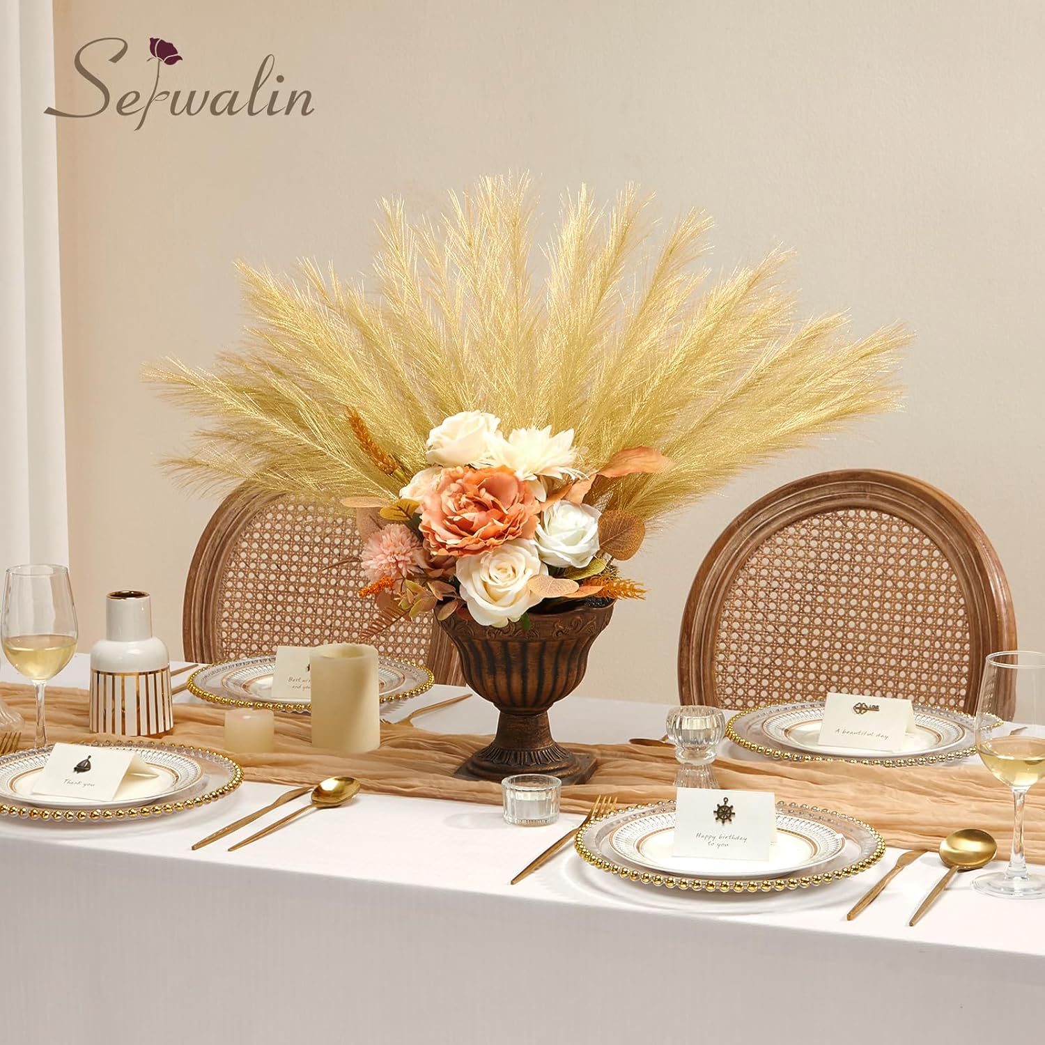 Serwalin 60Pcs Artificial Gold Pampas Grass Decor