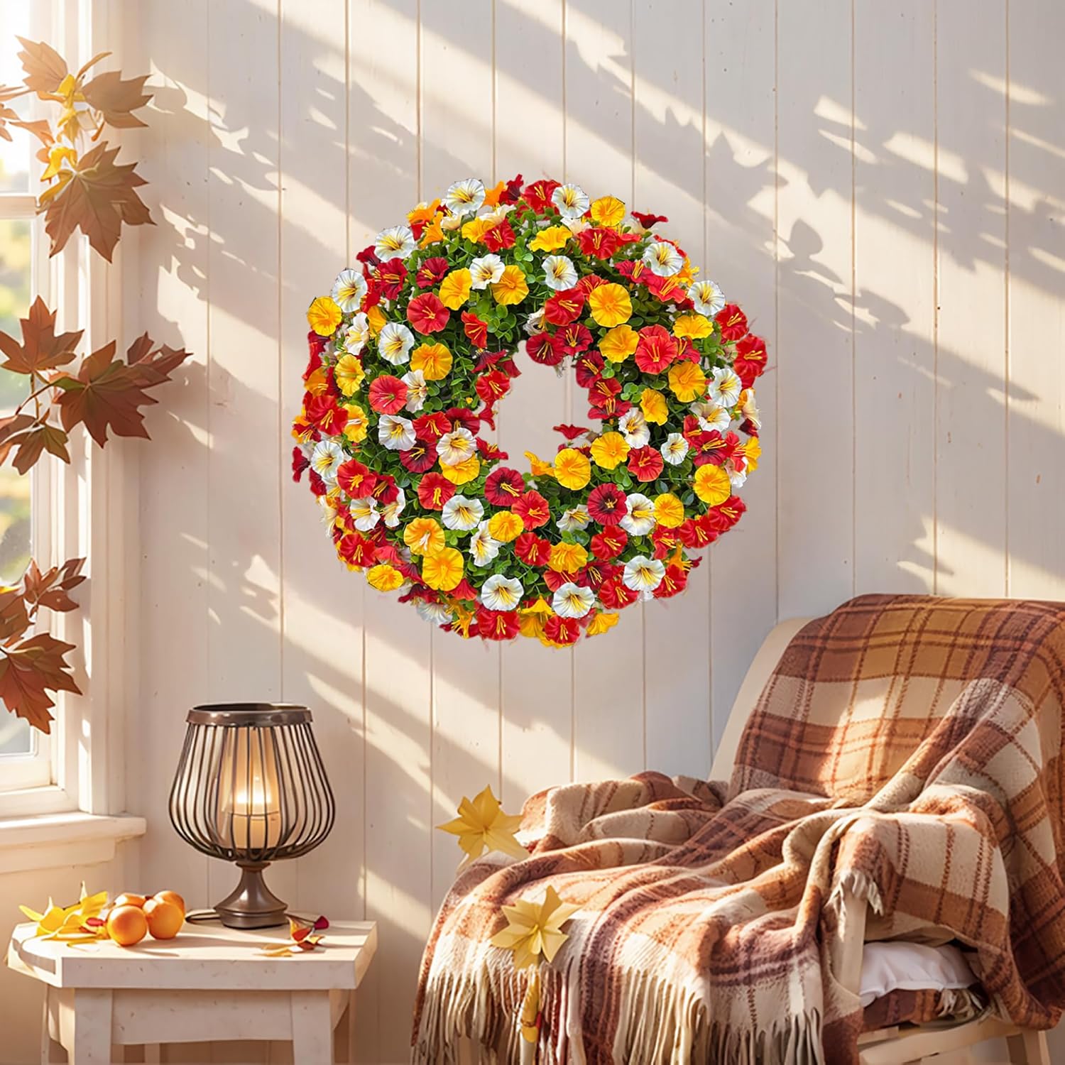 Florielle 20 Inch Fall Wreath with Petunias and Morning Glories
