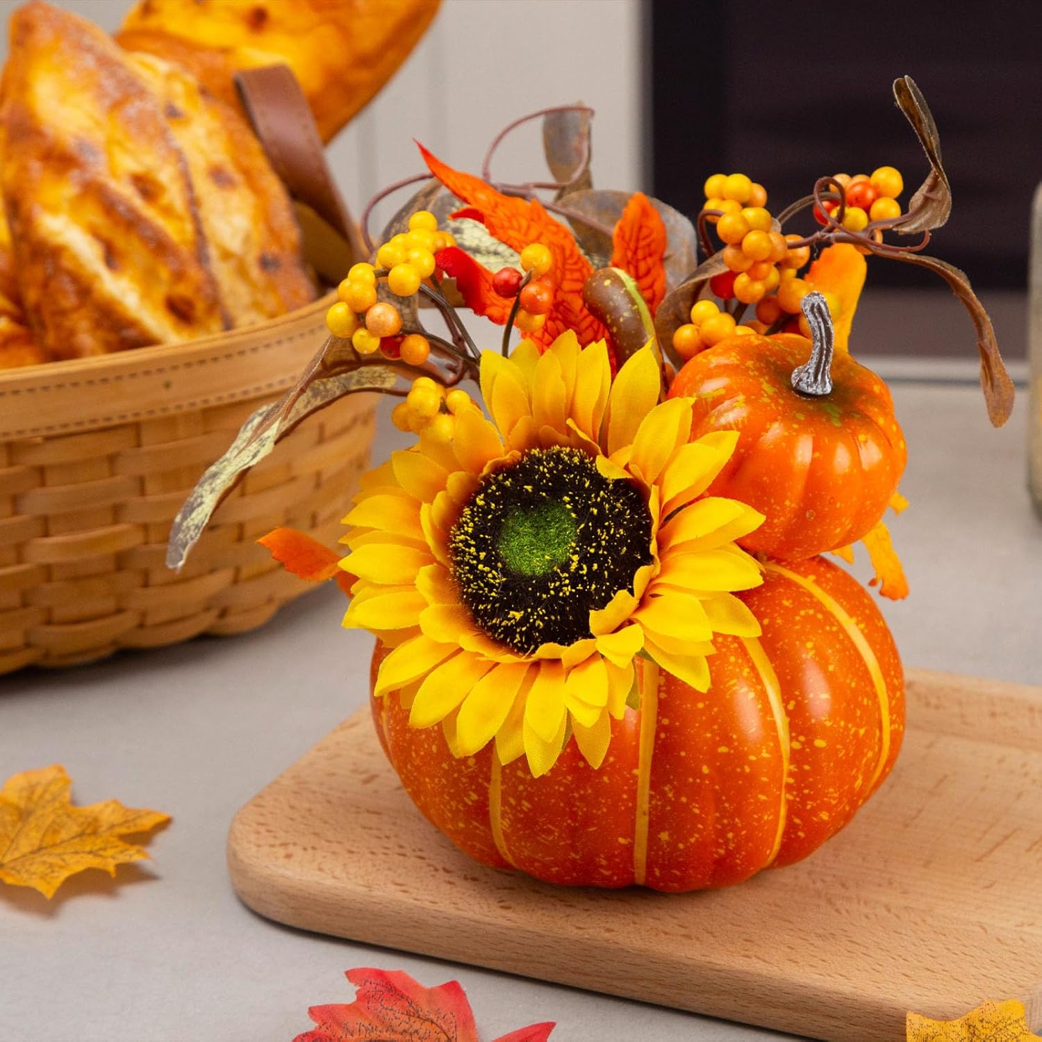 BigOtters 7 Inch Artificial Pumpkin with Sunflower and Maple Leaves