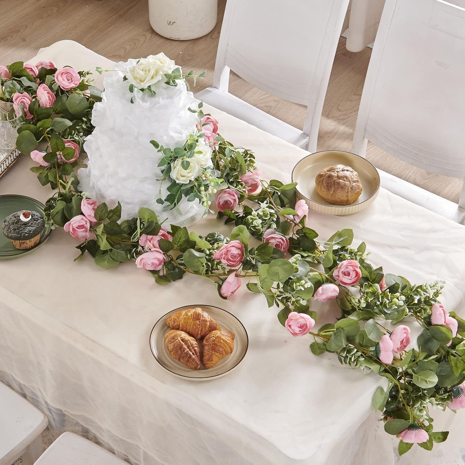 PONKING Artificial Rose Vine Flower Garland with Green Leaves