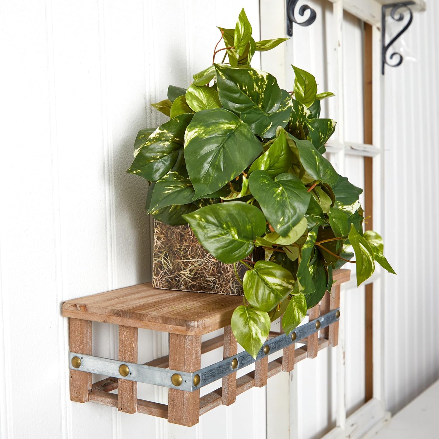 Nearly Natural 15in Pothos Ledge Plant Silk Green