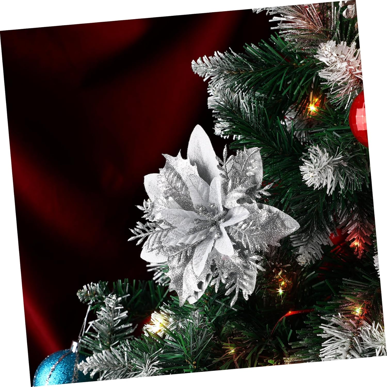 Christmas Glitter Poinsettia Artificial Flowers with Clips and Stems