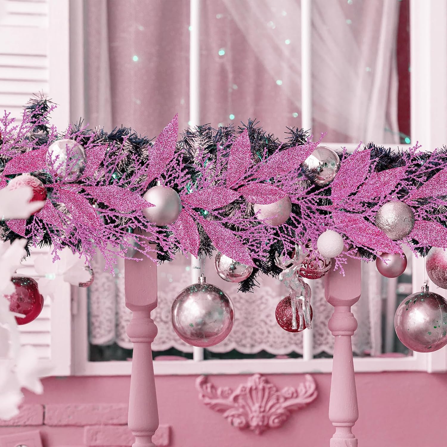 Winlyn 30 Pcs Pink Glitter Christmas Decor Artificial Leaf Sprays