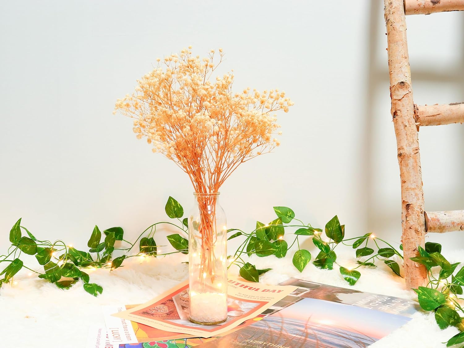 Dried Flowers Babys Breath Bouquet Glass Vase with Artificial Crystals