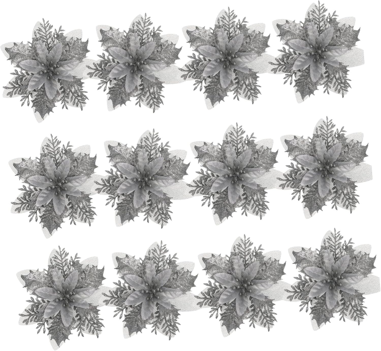 Christmas Glitter Poinsettia Artificial Flowers with Clips and Stems