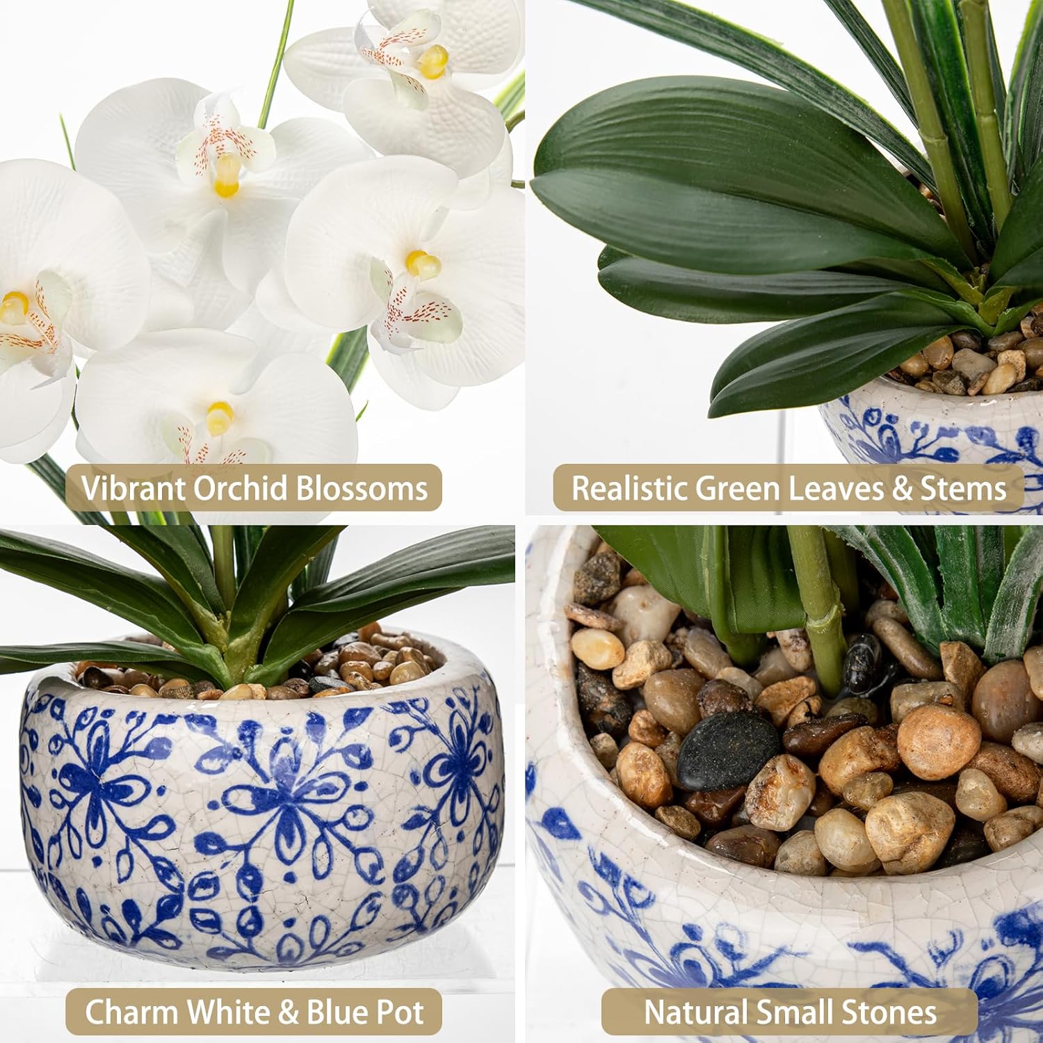 Oairse White Orchids Artificial Flowers in Blue Pot