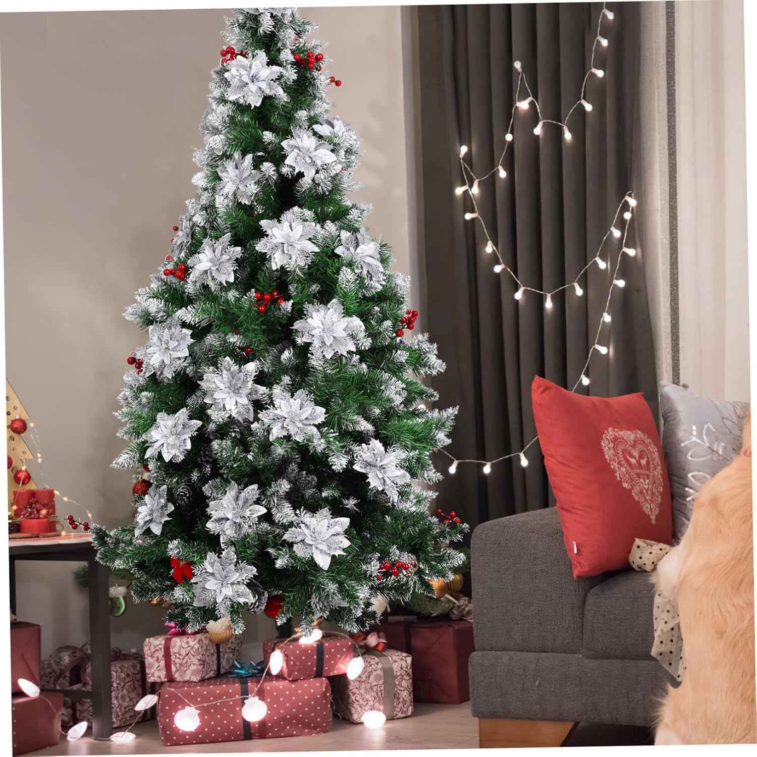 Christmas Glitter Poinsettia Artificial Flowers with Clips and Stems