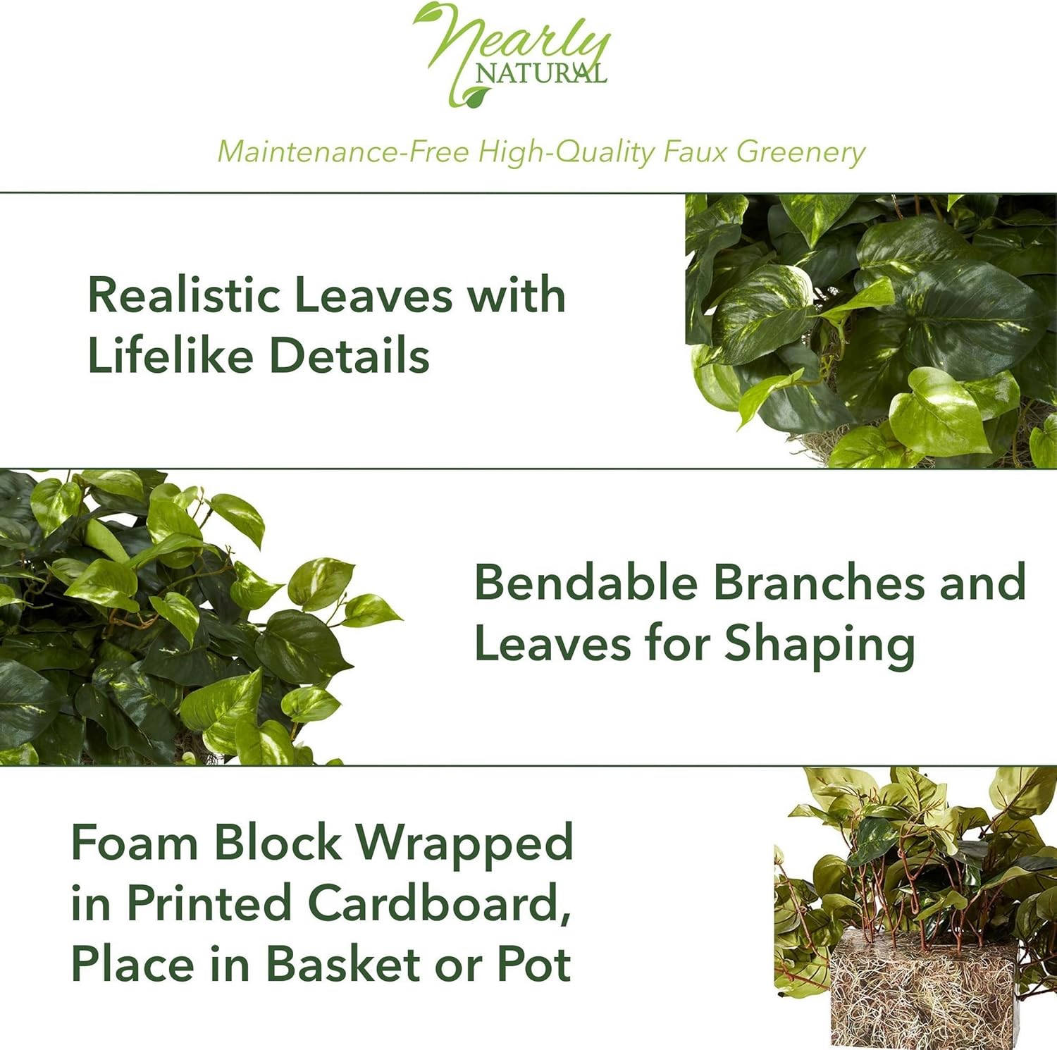 Nearly Natural 15in Pothos Ledge Plant Silk Green