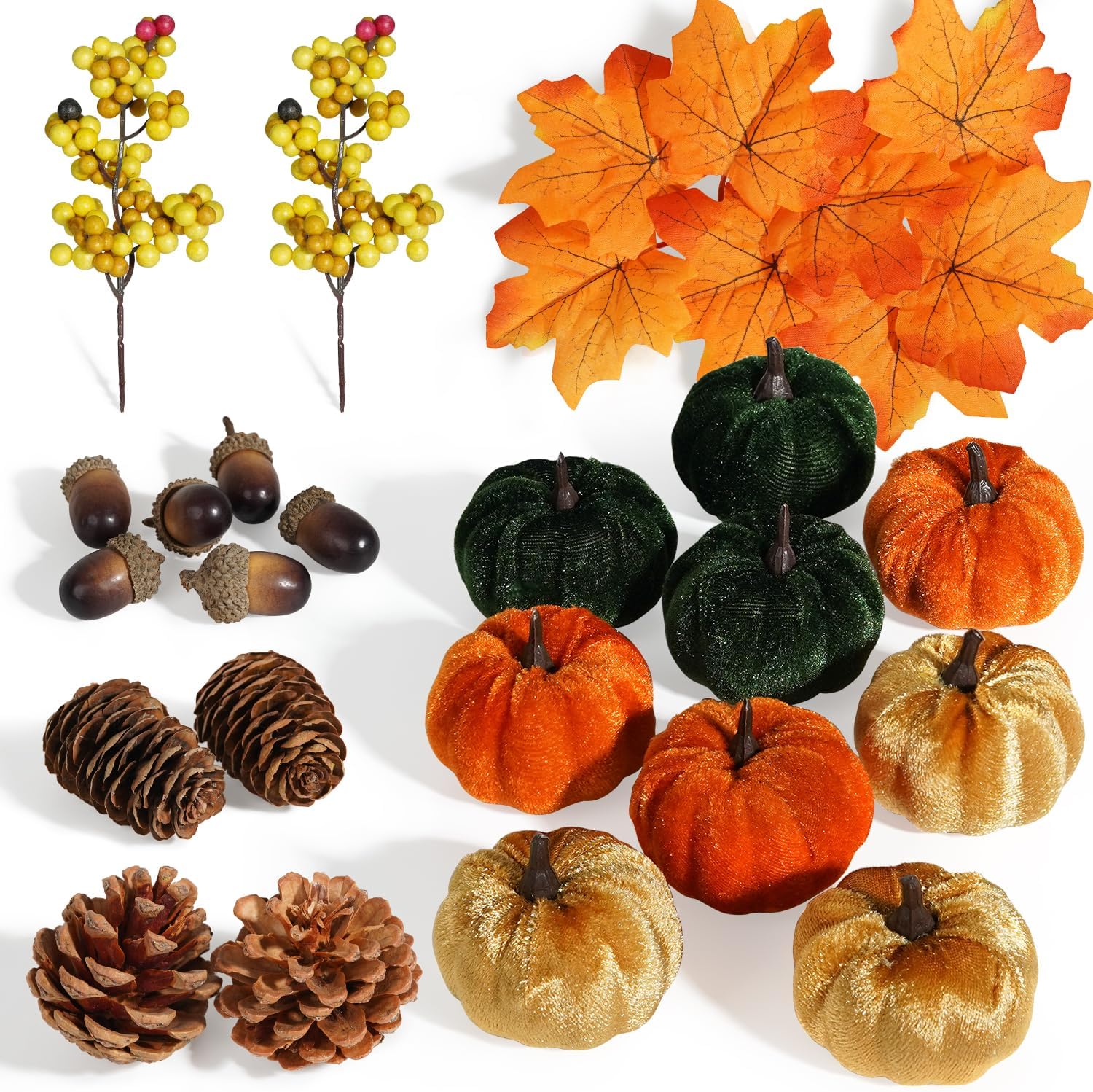 Artmag Fall Decor Set 25PCS Artificial Pumpkins Leaves Cones Berries