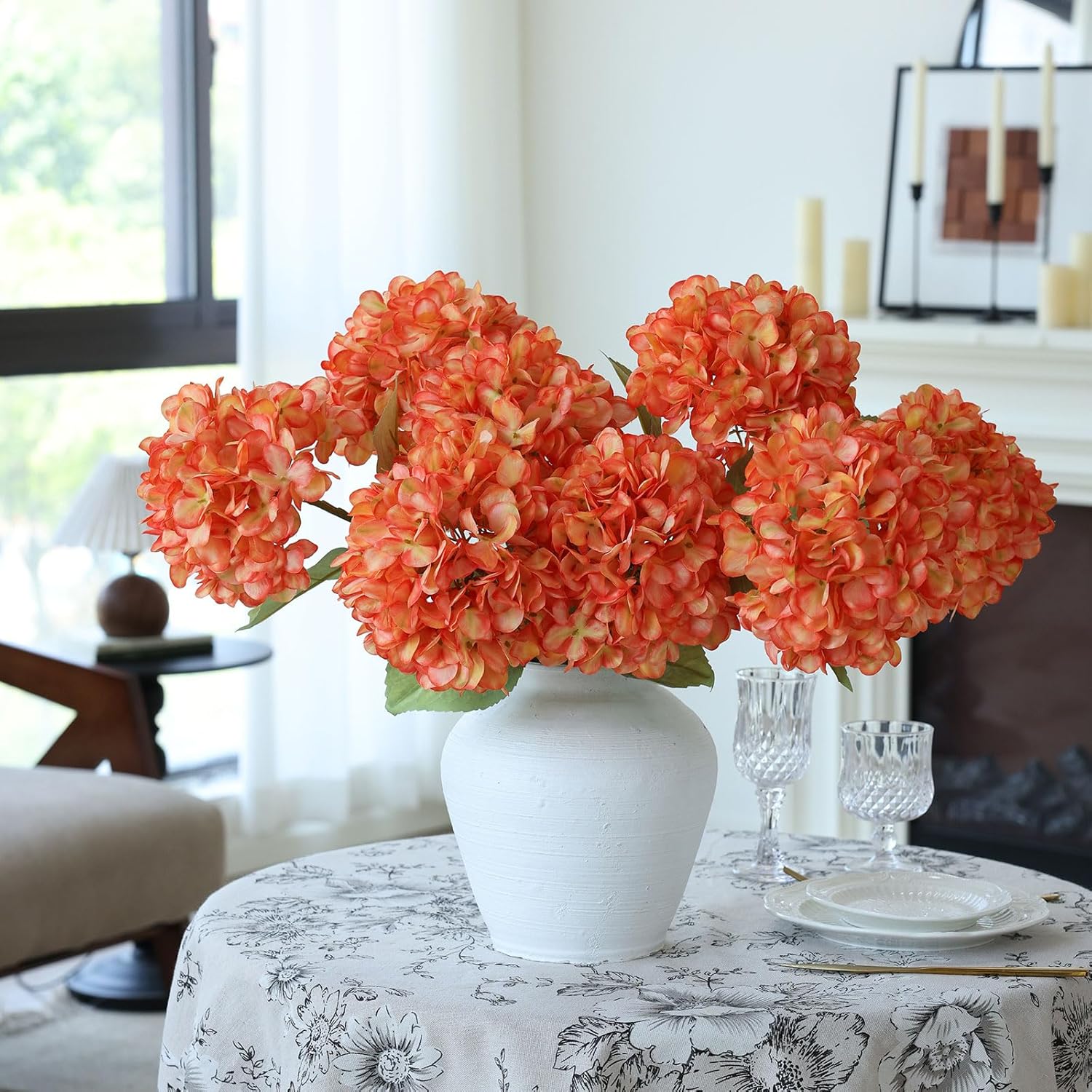 Mizii 4Pcs Orange Artificial Hydrangea with Leaves and Stems