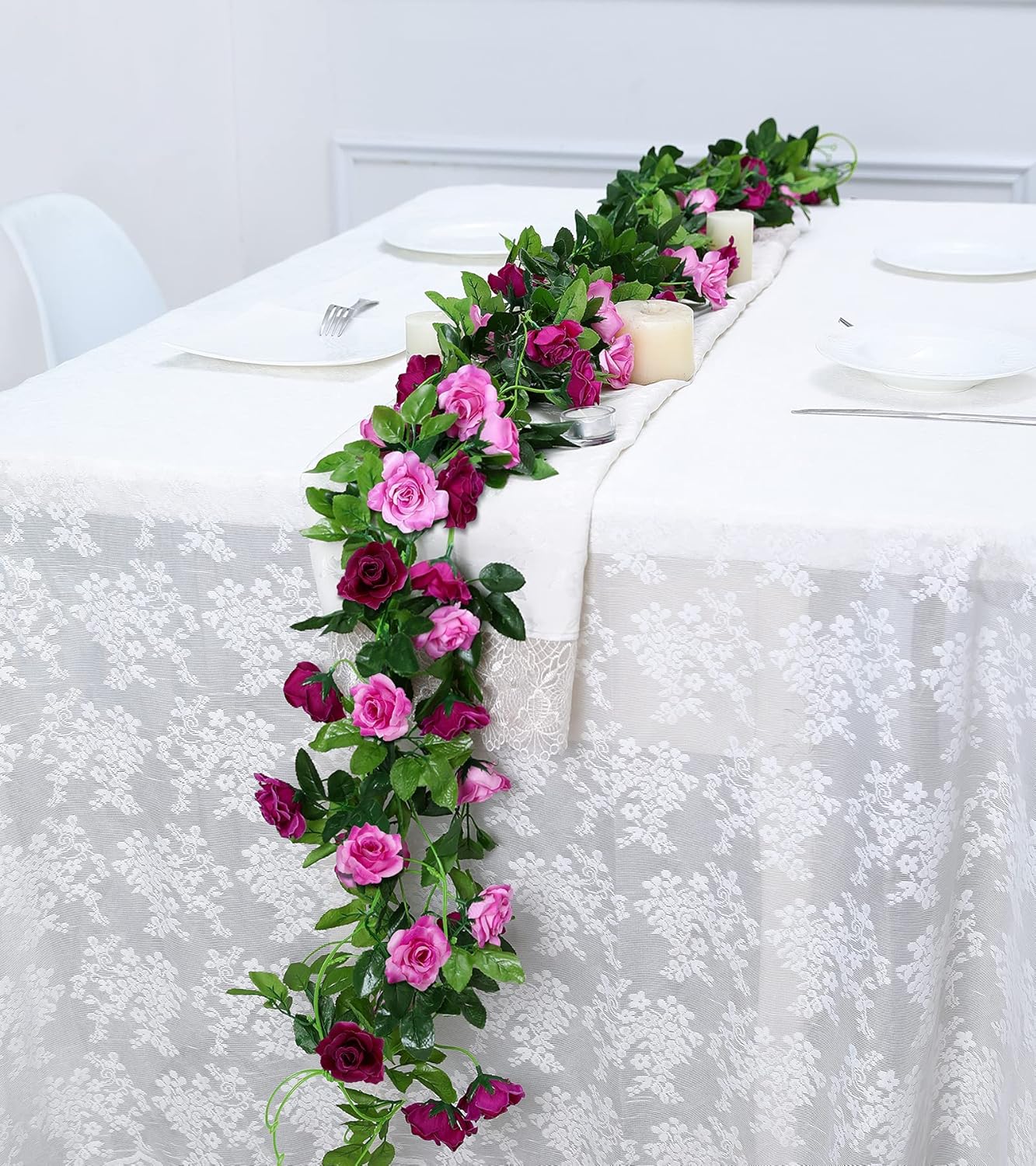 Floweroyal Artificial Flower Garland 2 Pack Fuchsia Rose Ivy
