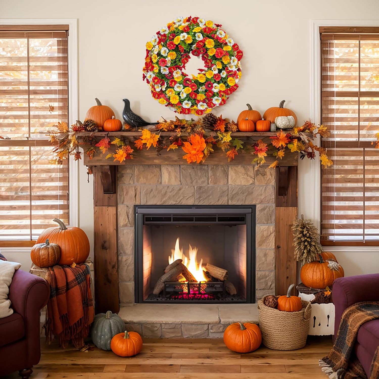Florielle 20 Inch Fall Wreath with Petunias and Morning Glories