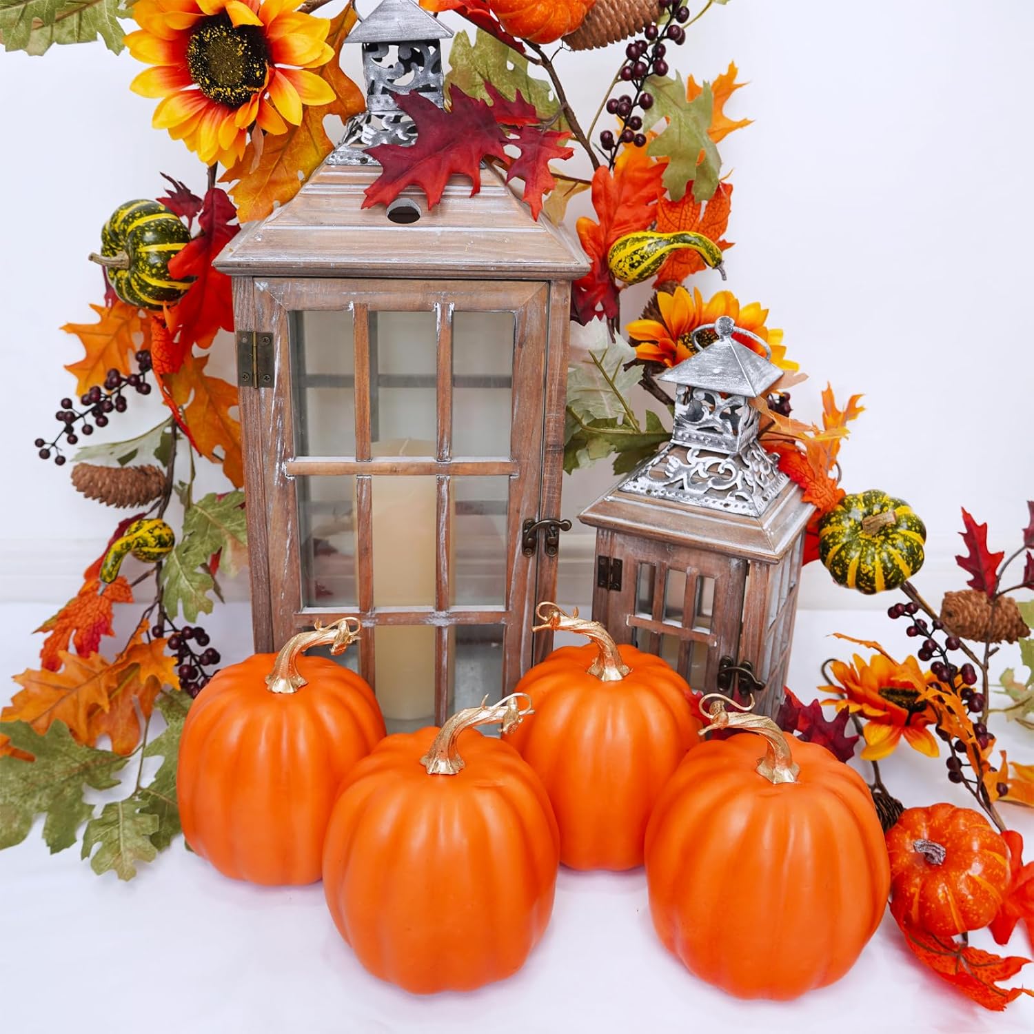 Winlyn 4 Pcs Artificial Orange Pumpkins Fall Decor
