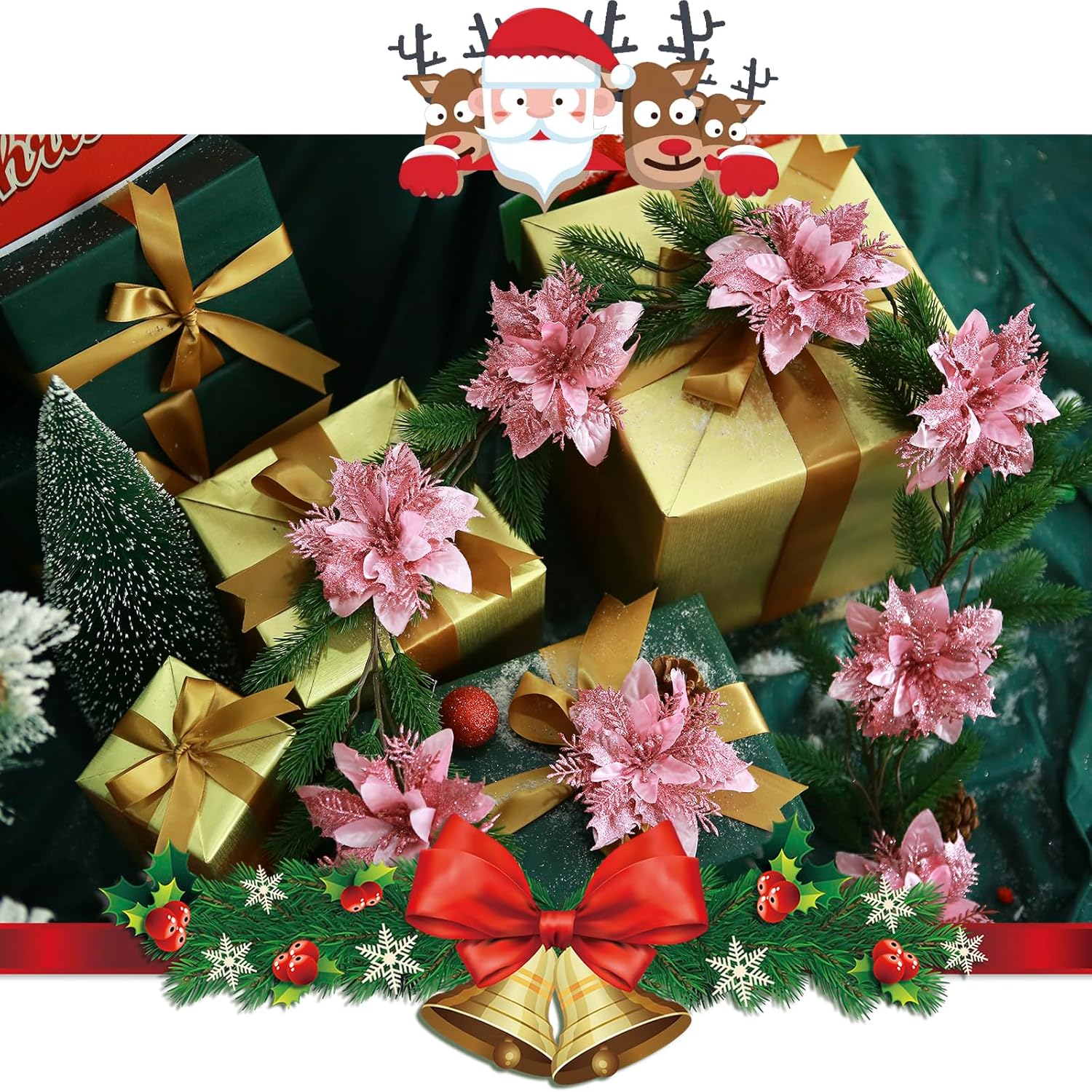GREENTIME 12 Pcs Pink Glitter Poinsettia Artificial Christmas Flowers with Clips