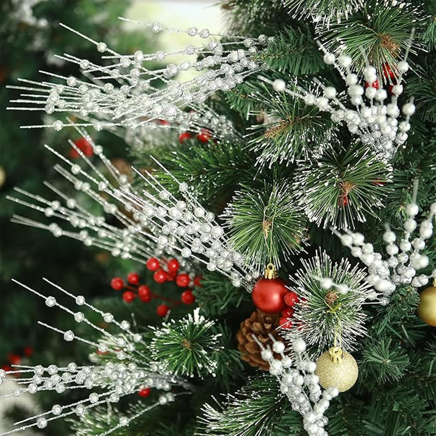 20 Pack Silver Glitter Berry Stems for Christmas Decor