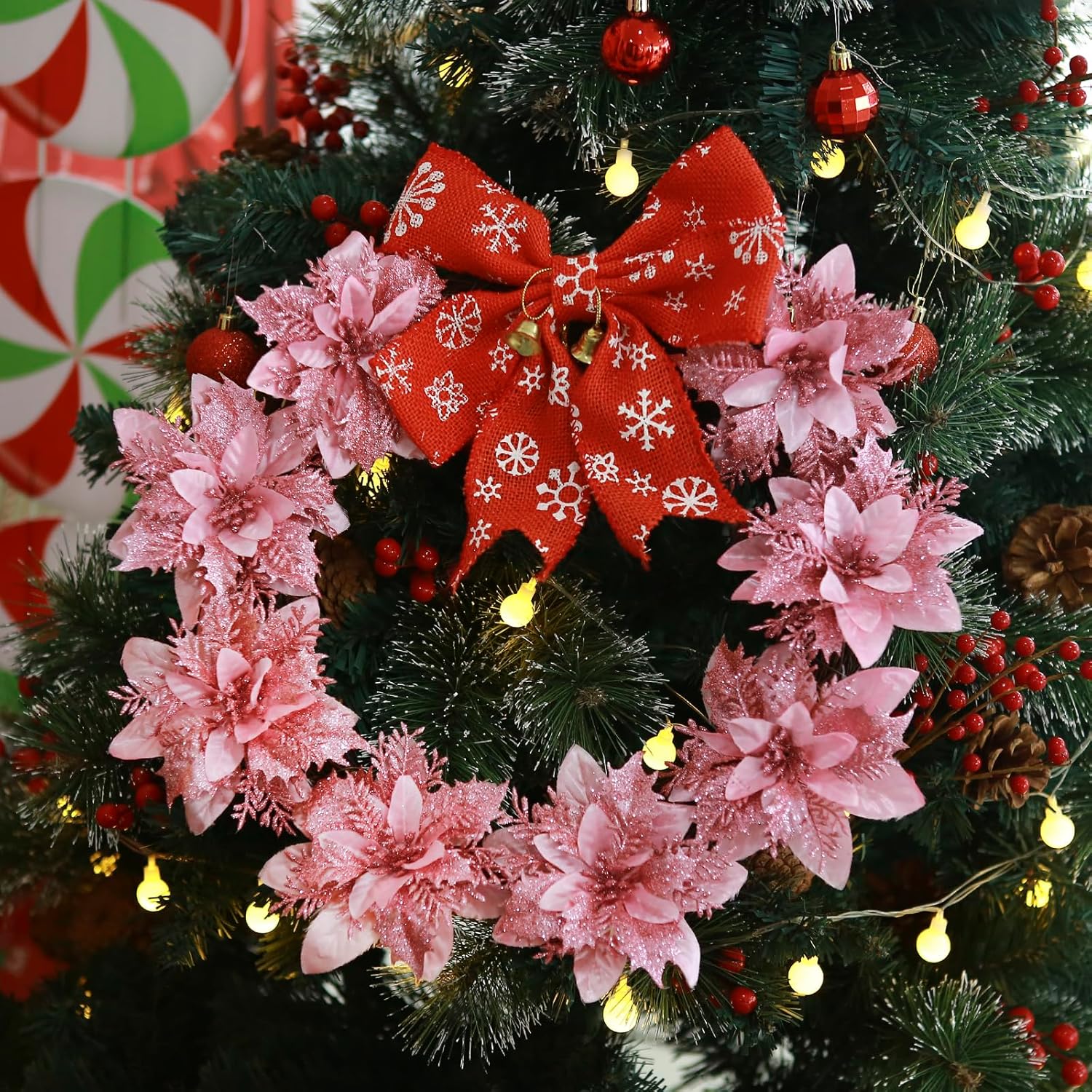 GREENTIME 12 Pcs Pink Glitter Poinsettia Artificial Christmas Flowers with Clips