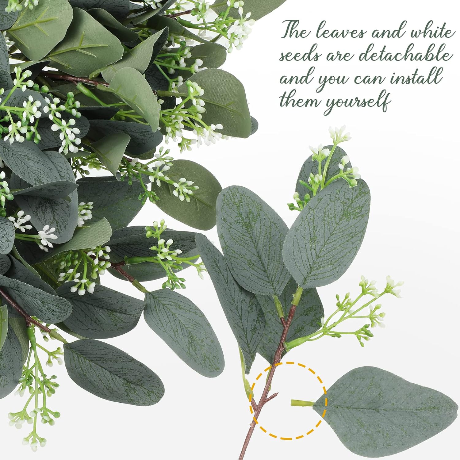 Janinka 100 Pcs Mixed Eucalyptus Artificial Leaves with White Seeds and Stems