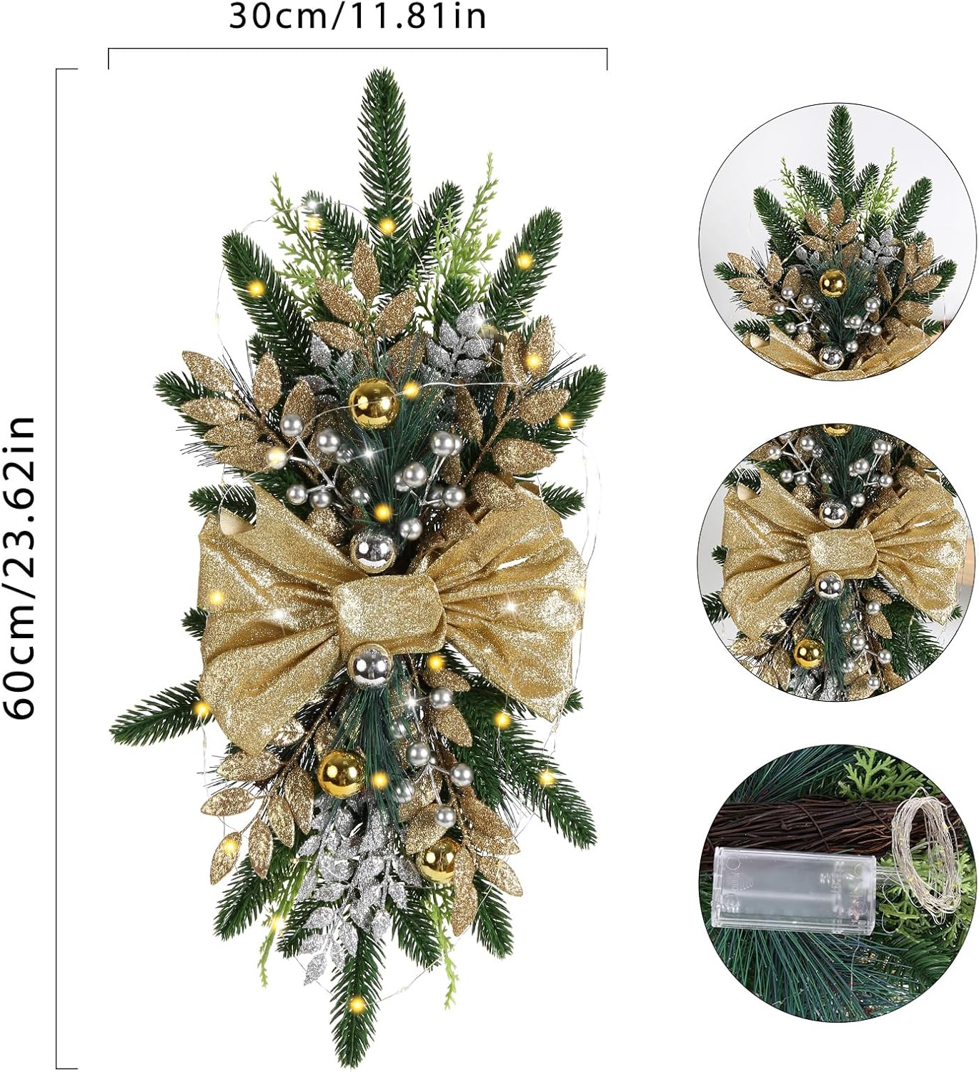 IPOPU Light Up Christmas Swag Wreath Gold
