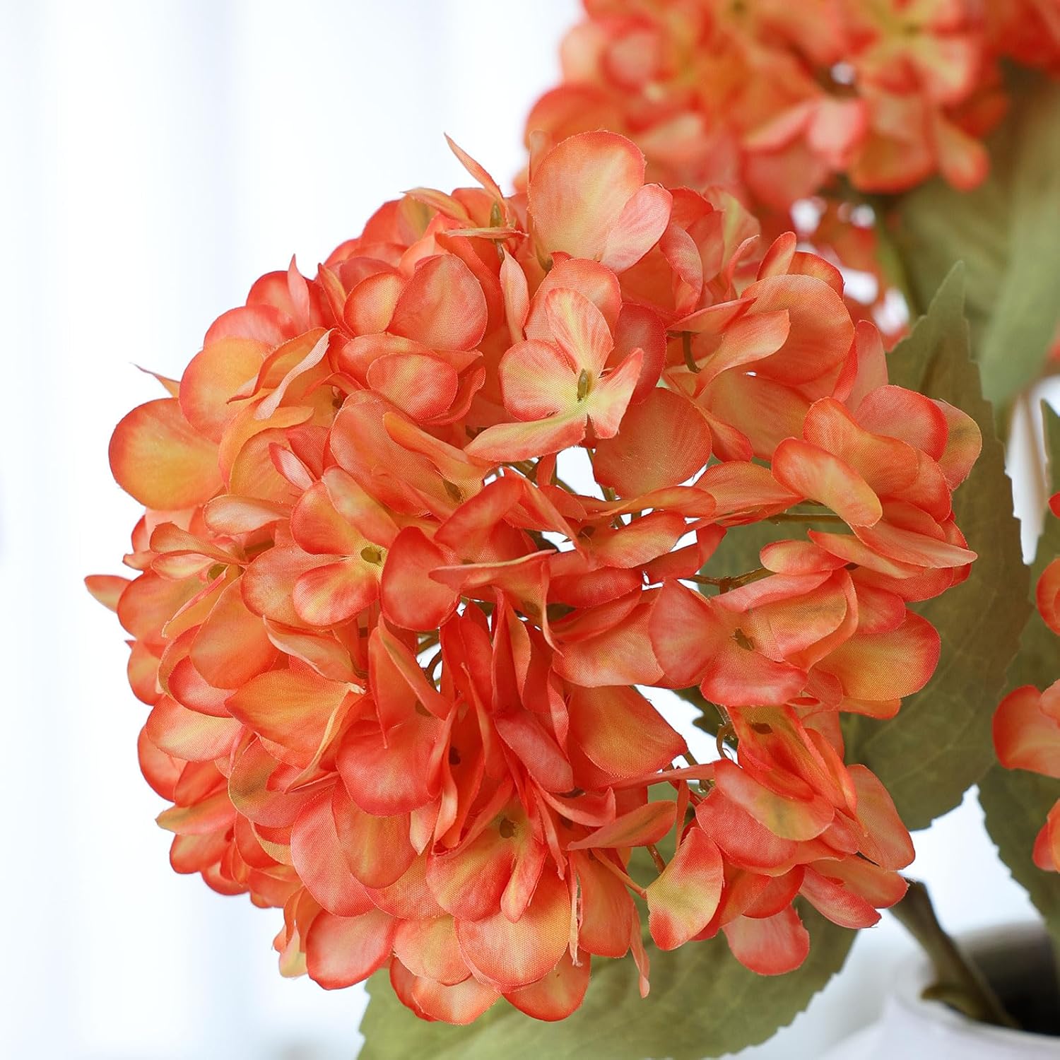 Mizii 4Pcs Orange Artificial Hydrangea with Leaves and Stems
