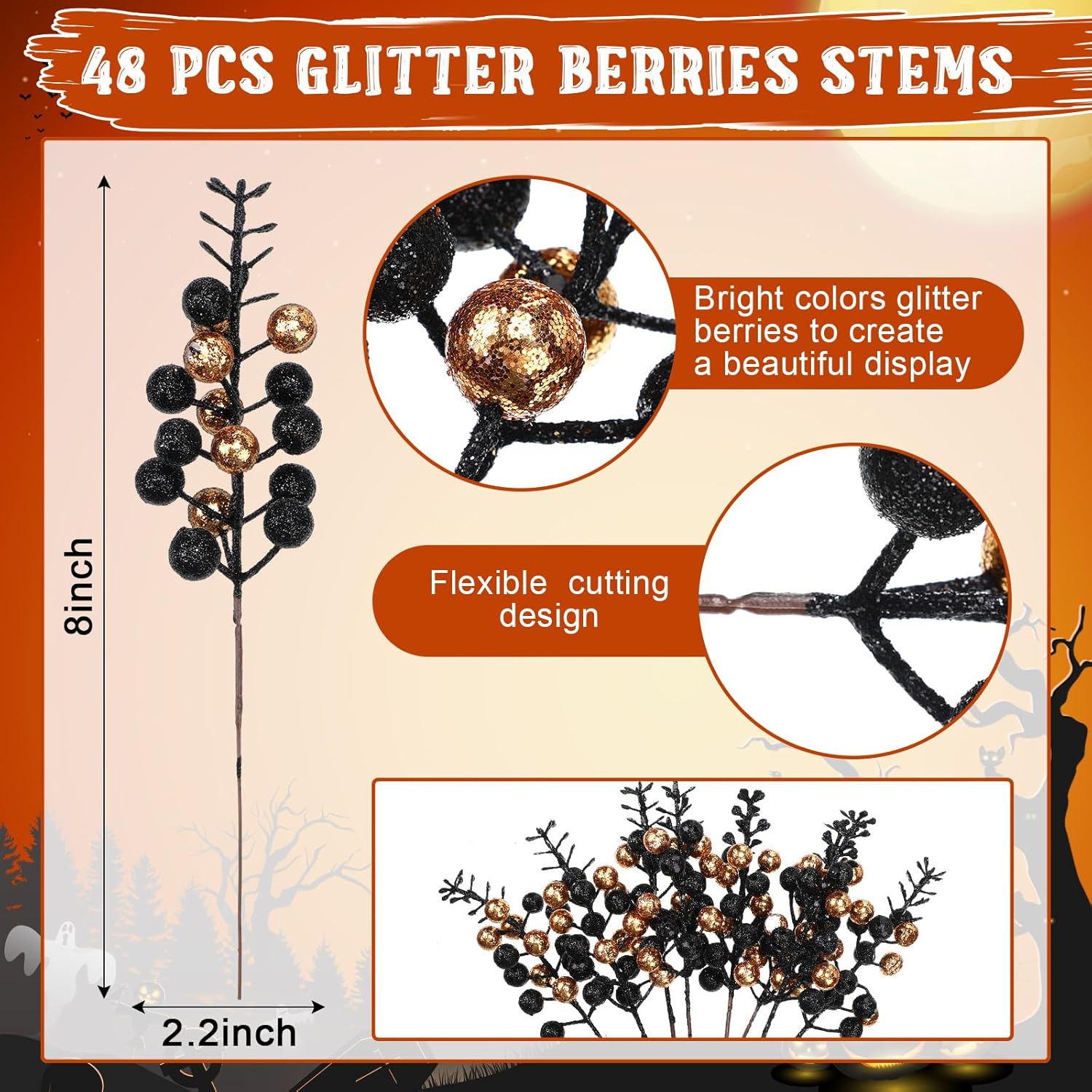 48 Pcs Halloween Glitter Berry Stem Decor