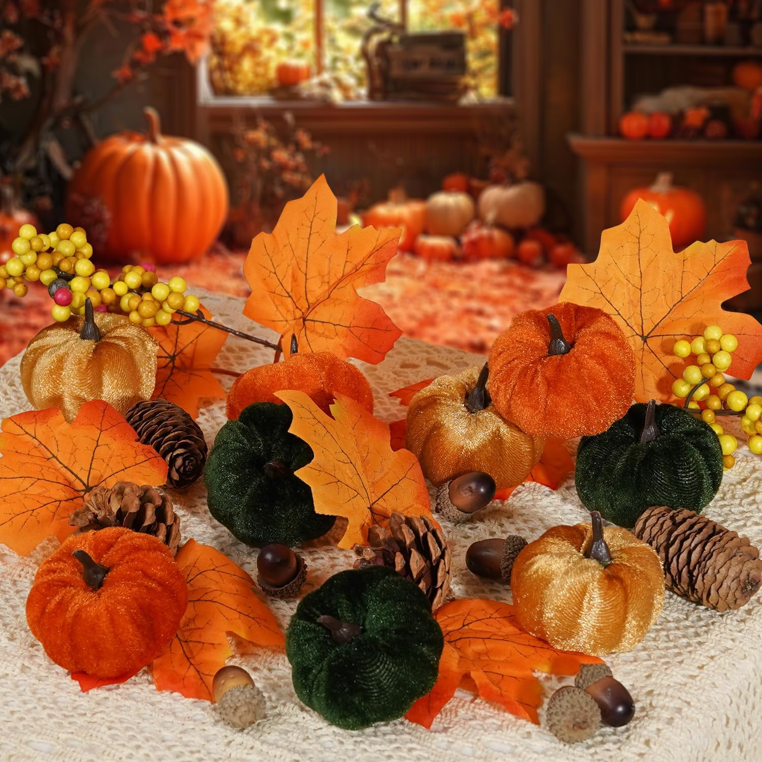 Artmag Fall Decor Set 25PCS Artificial Pumpkins Leaves Cones Berries