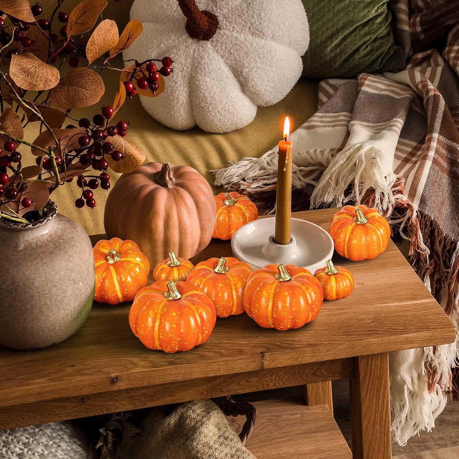 Ywlake 12 Pcs Artificial Orange Pumpkins Fall Decor
