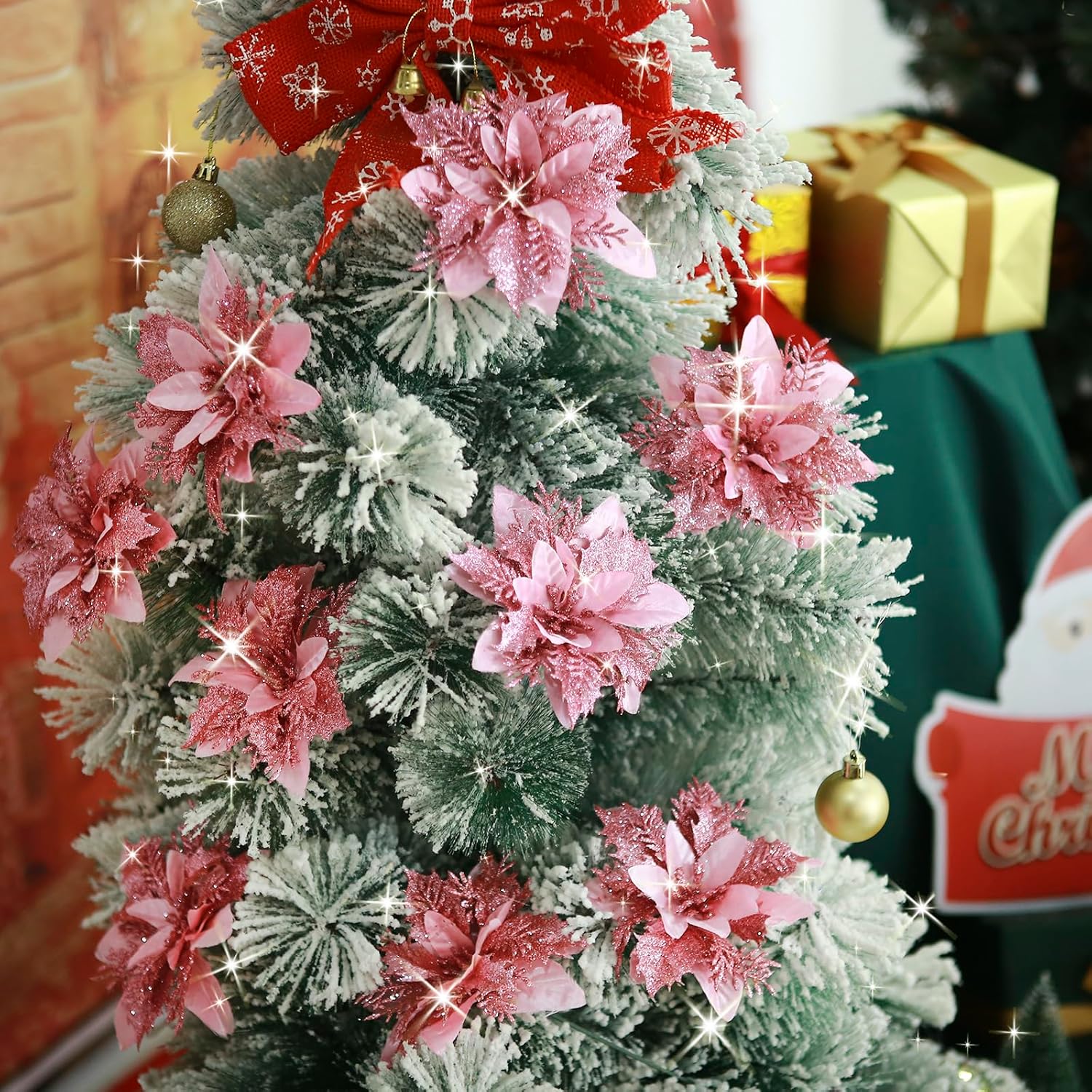GREENTIME 12 Pcs Pink Glitter Poinsettia Artificial Christmas Flowers with Clips