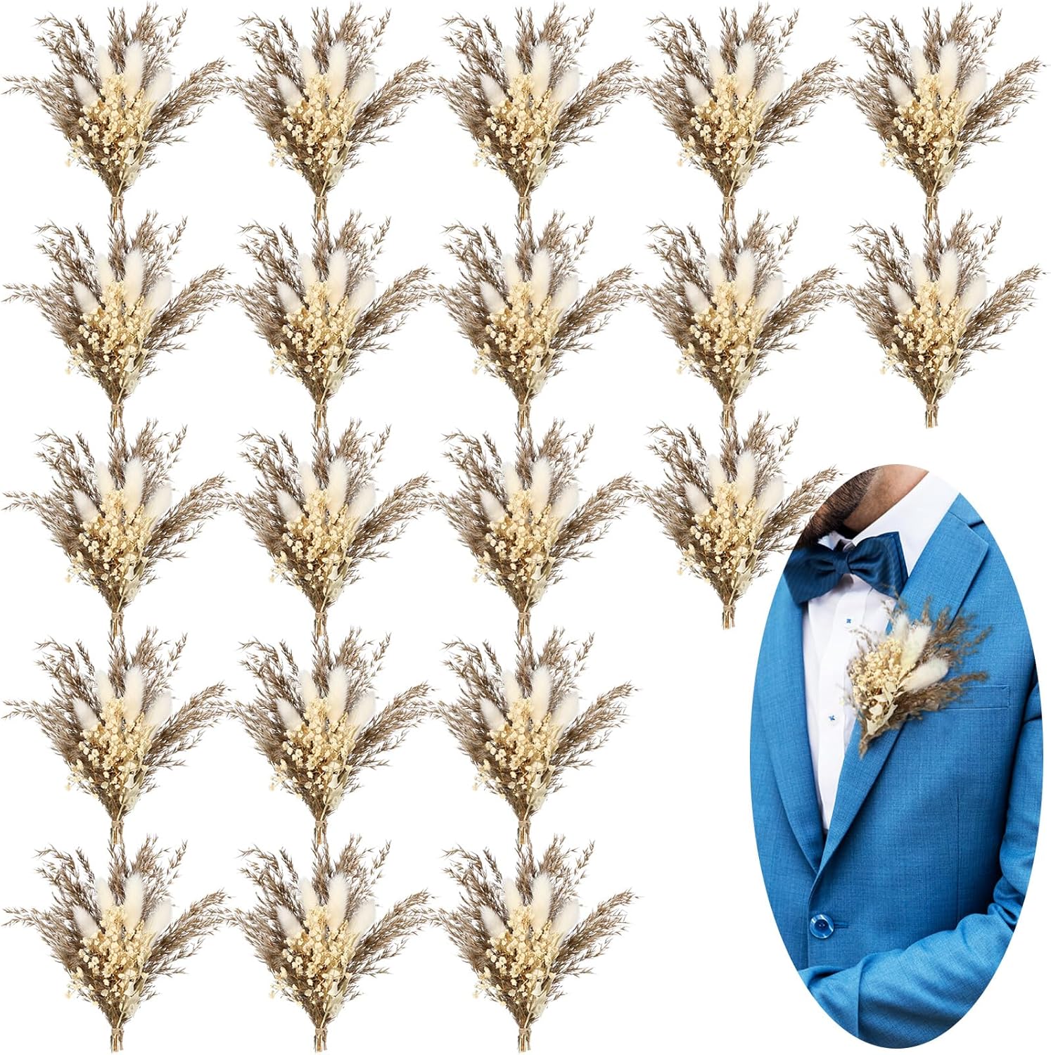 Fabbay 20 Pcs Boho Dried Flower Boutonniere for Men Wedding Accessories