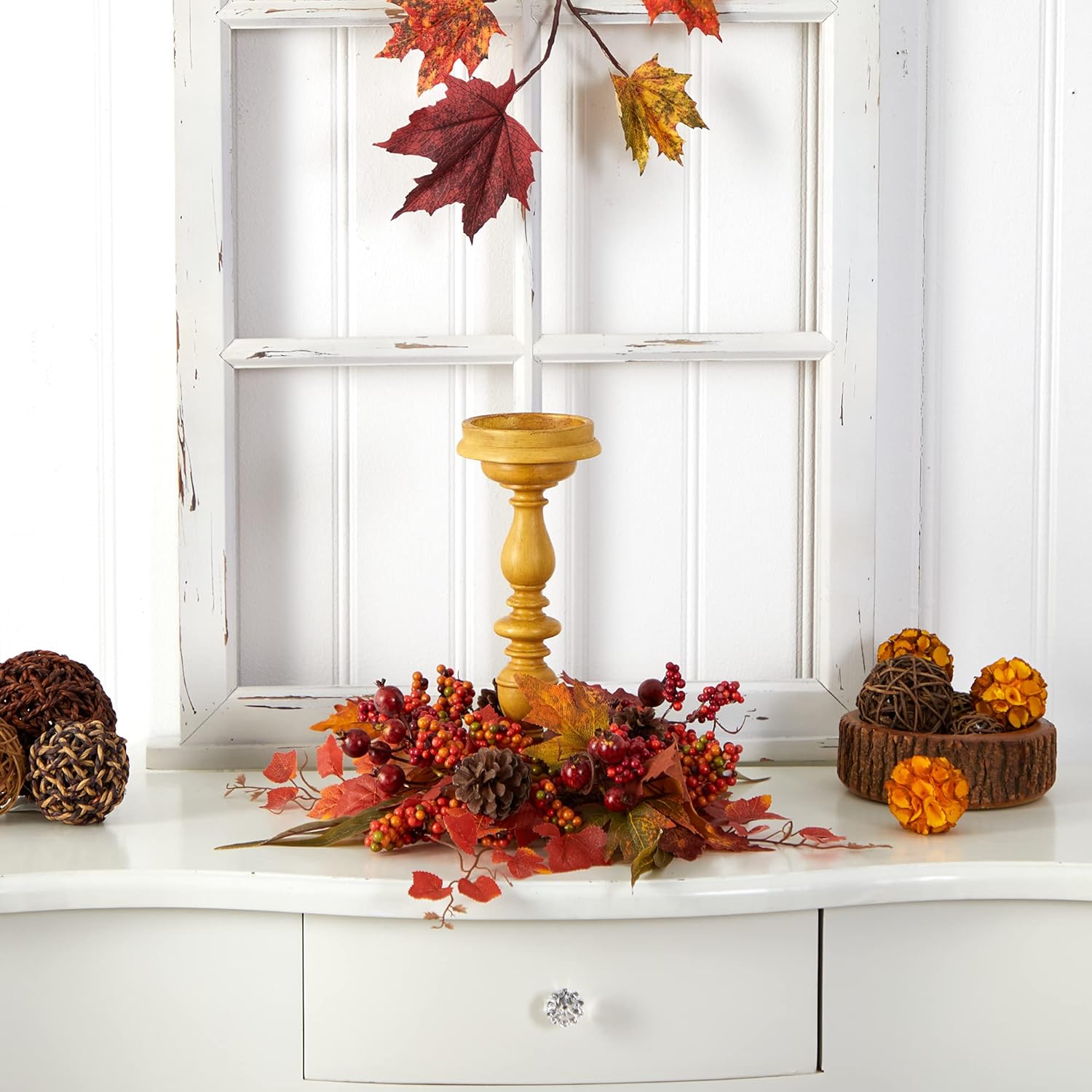 Nearly Natural 15in Harvest Fall Artificial Candelabrum Arrangement