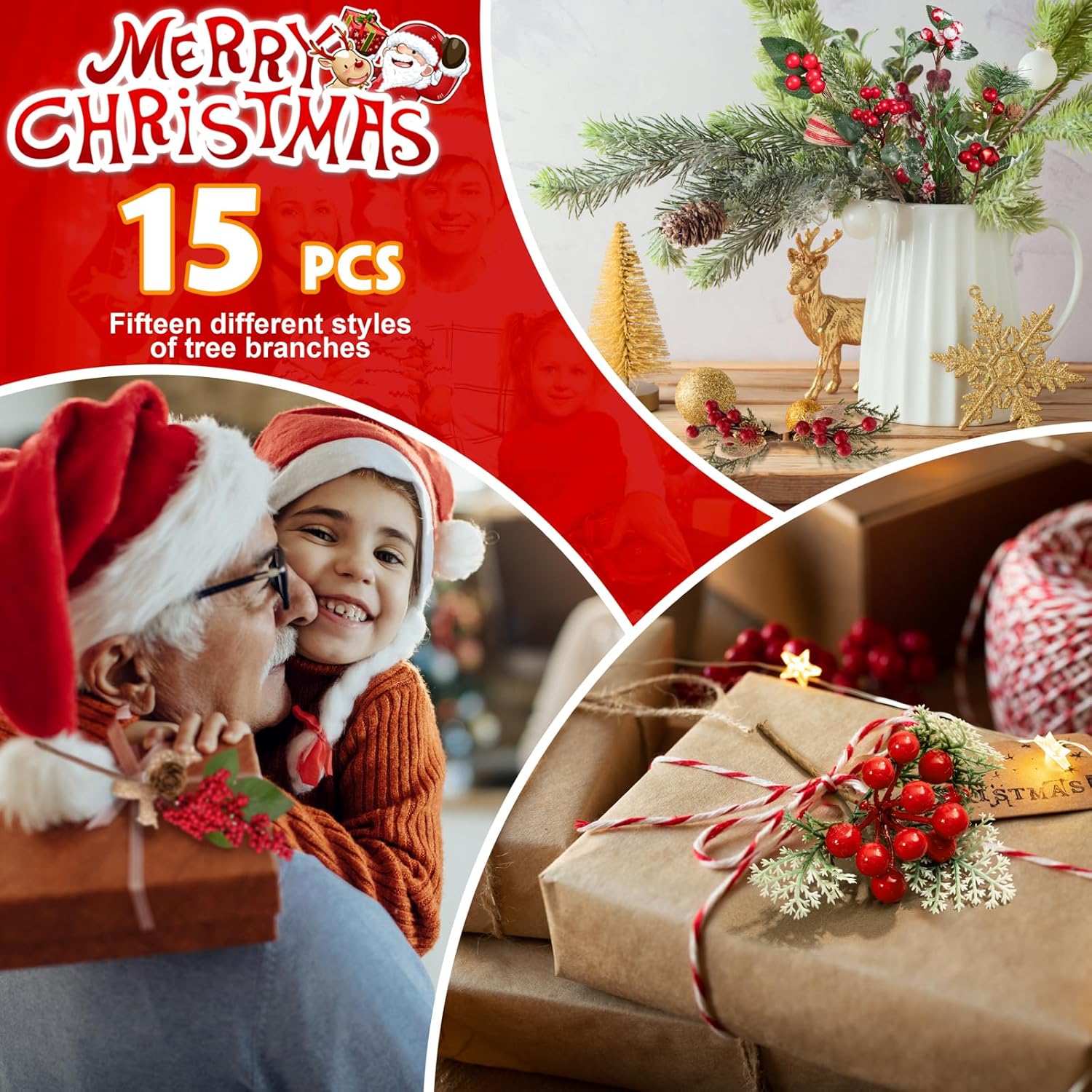 Crafare 15 Pack Christmas Berry Picks Assorted Sizes
