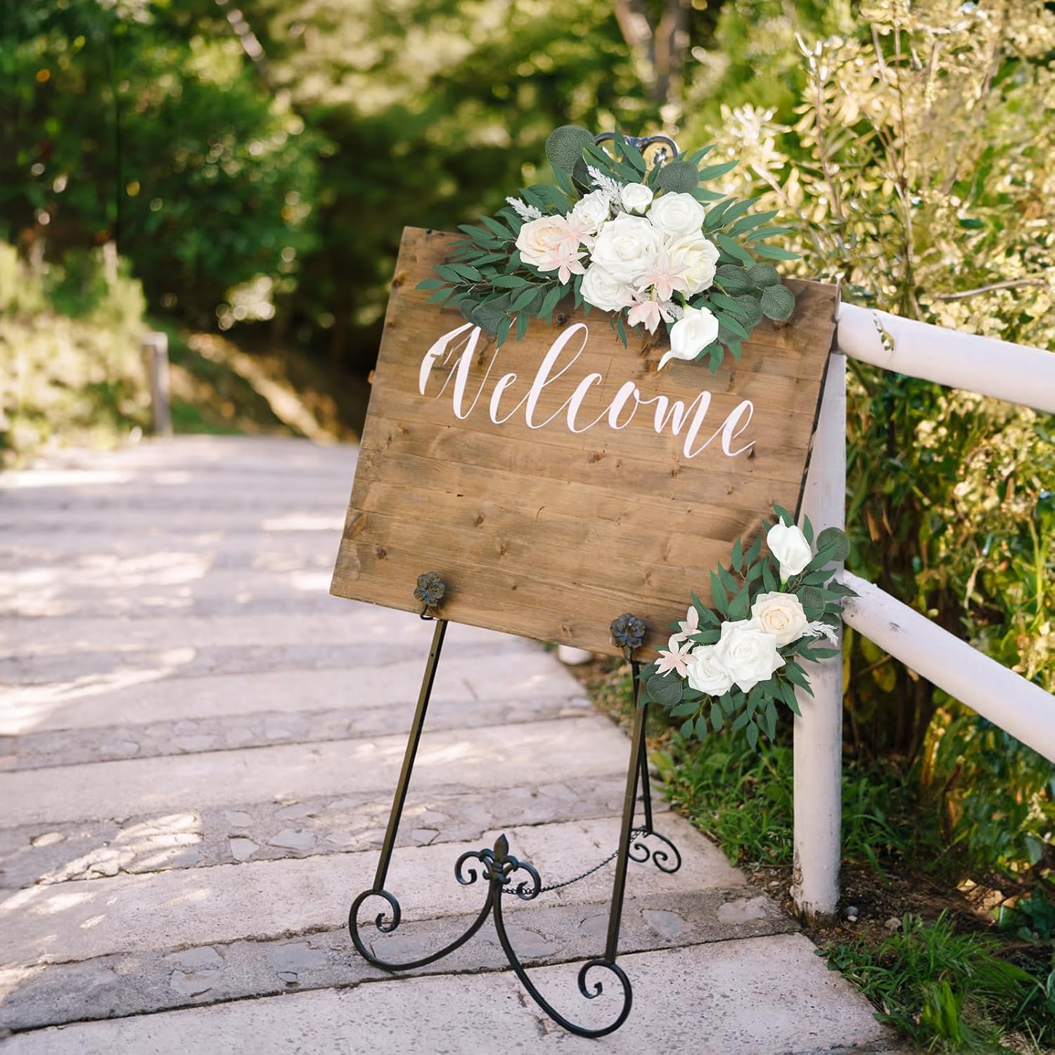 White Faux Wedding Flowers Arch Decor Sign