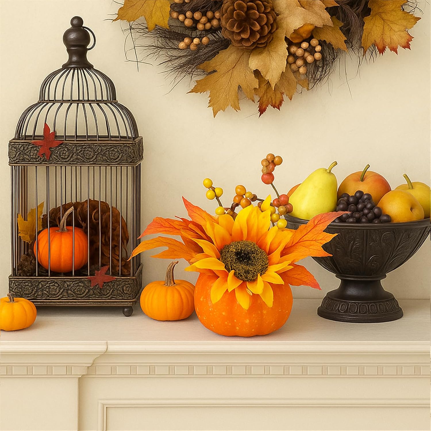 BigOtters Artificial Pumpkins with Sunflowers and Maple Leaves