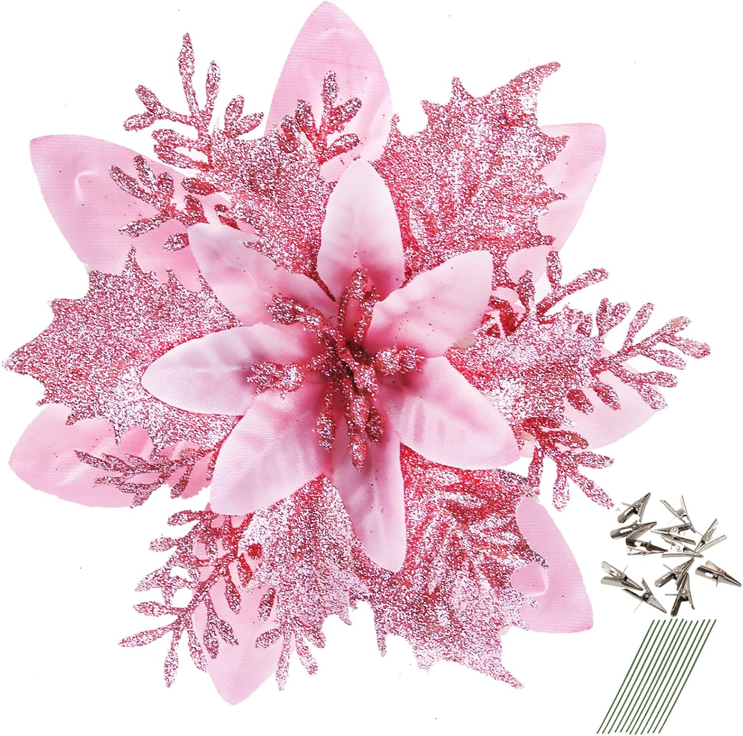 GREENTIME 12 Pcs Pink Glitter Poinsettia Artificial Christmas Flowers with Clips