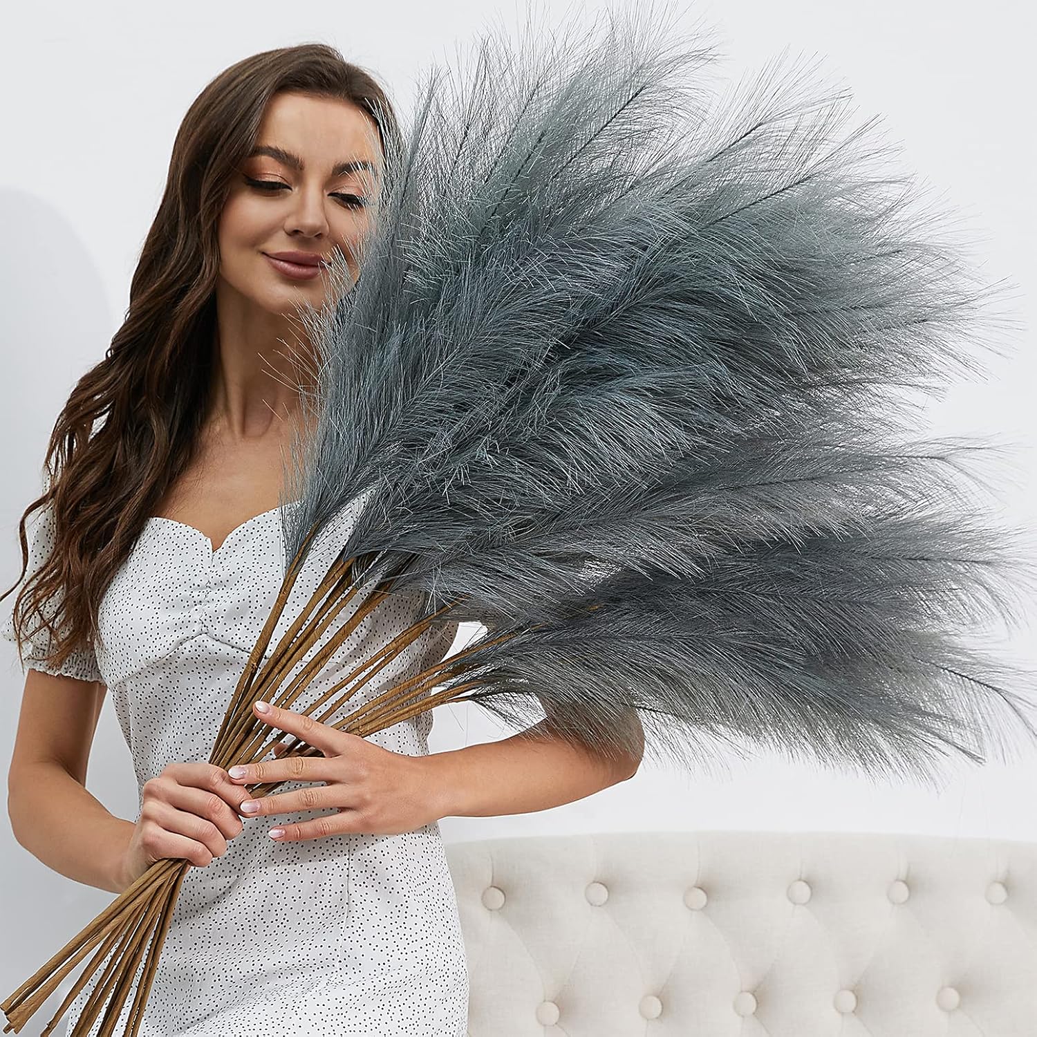 FOTEEWL 8 Pc Faux Pampas Grass Decor Grey
